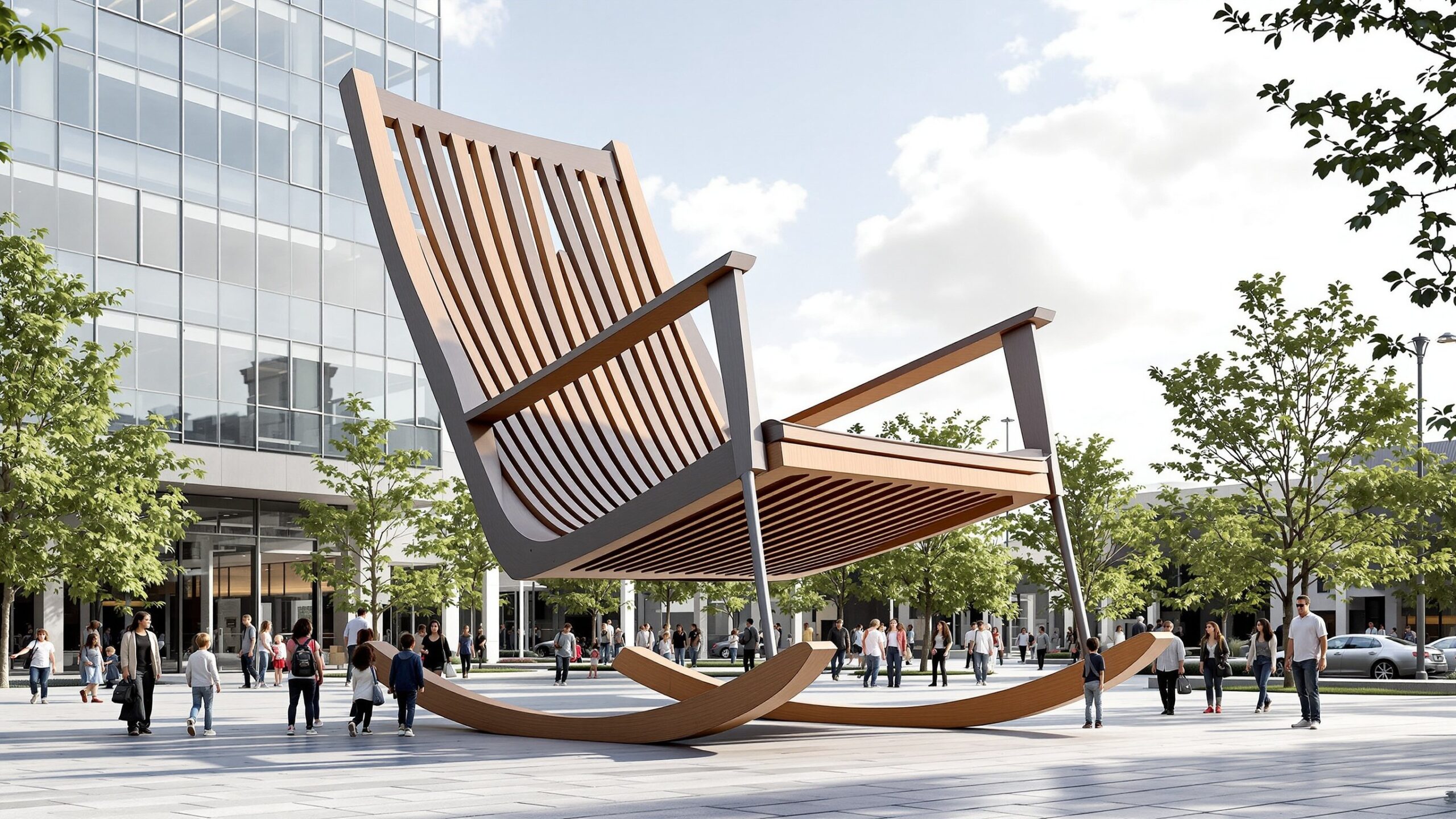 Concept for a giant slatted rocking chair in a civic plaza