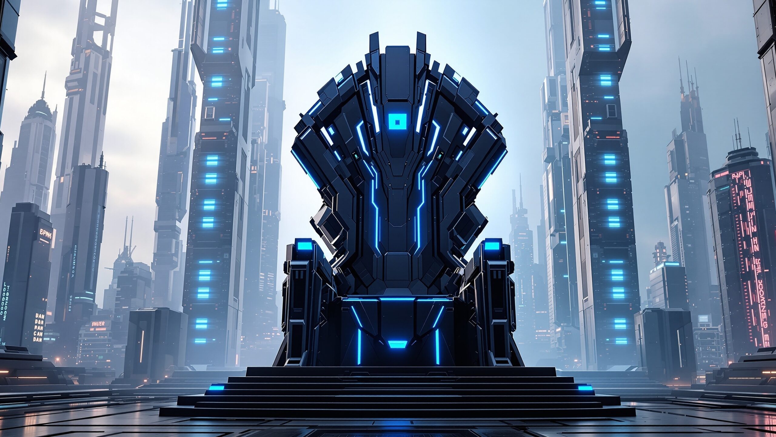Concept for a giant futuristic throne in a city-like setting