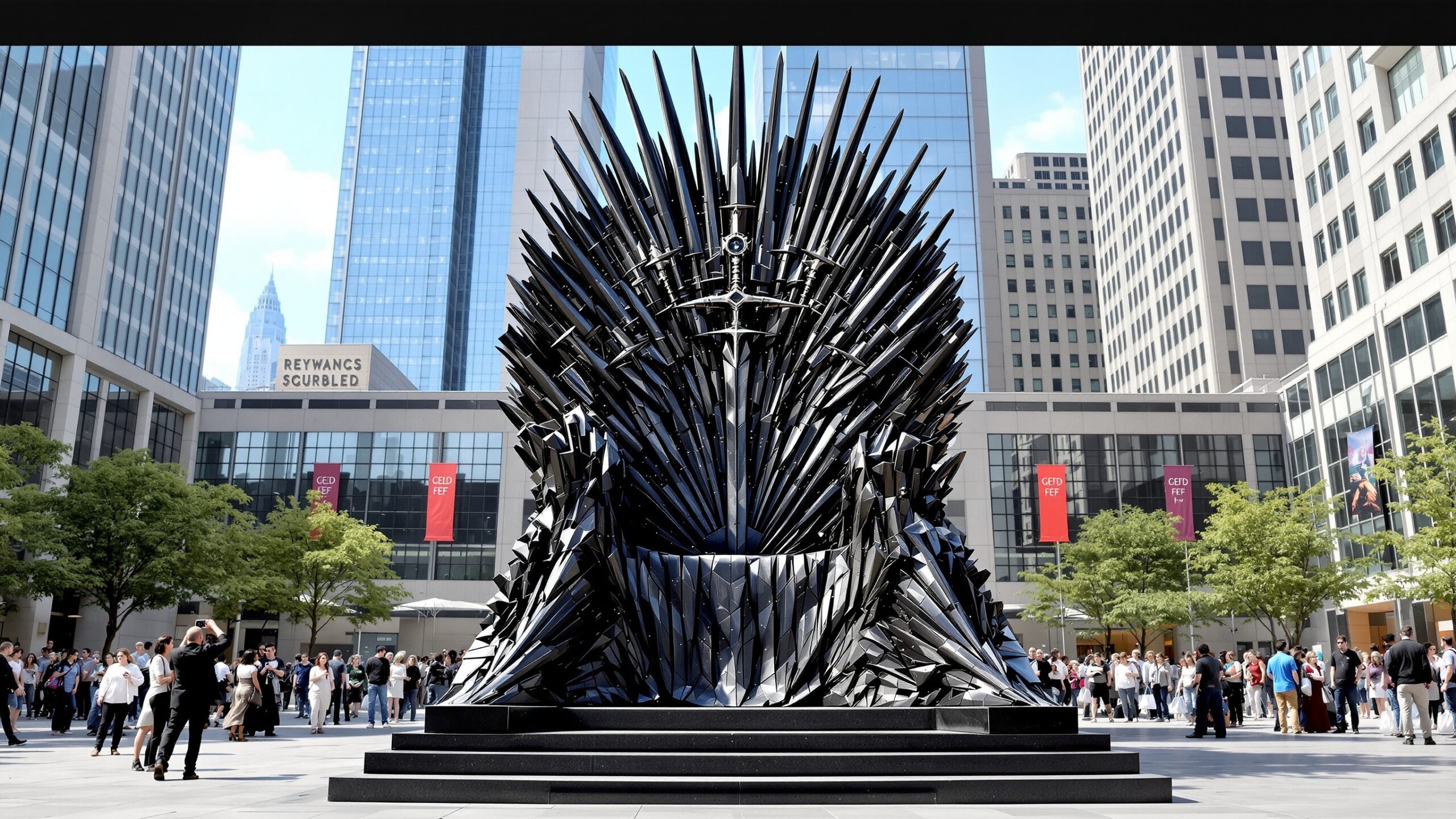 Concept for an oversized metal-like ceremonial throne in a plaza