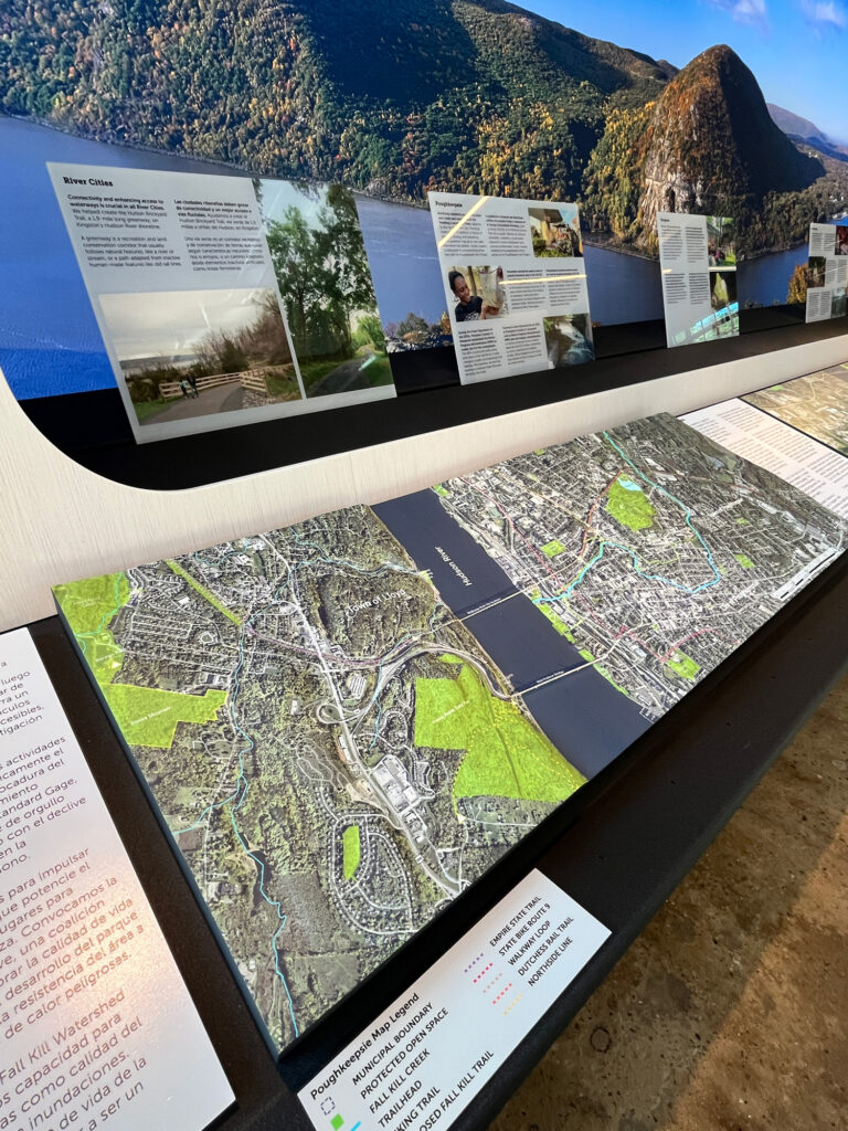 14-inch by 45-inch 3D topographical model of Poughkeepsie, New York and the surrounding region, created for a museum display to show the area’s landscape and geography.