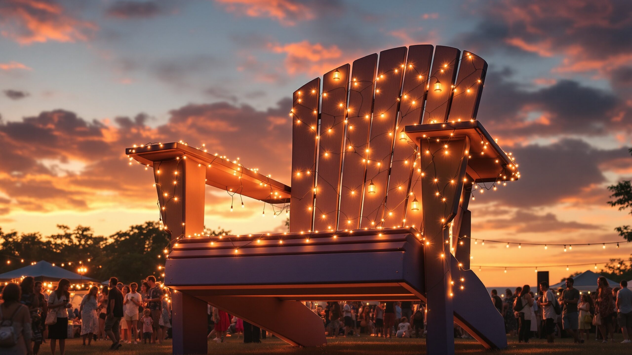 Giant Adirondack chair decorated with lights during a summer festival at sunset.