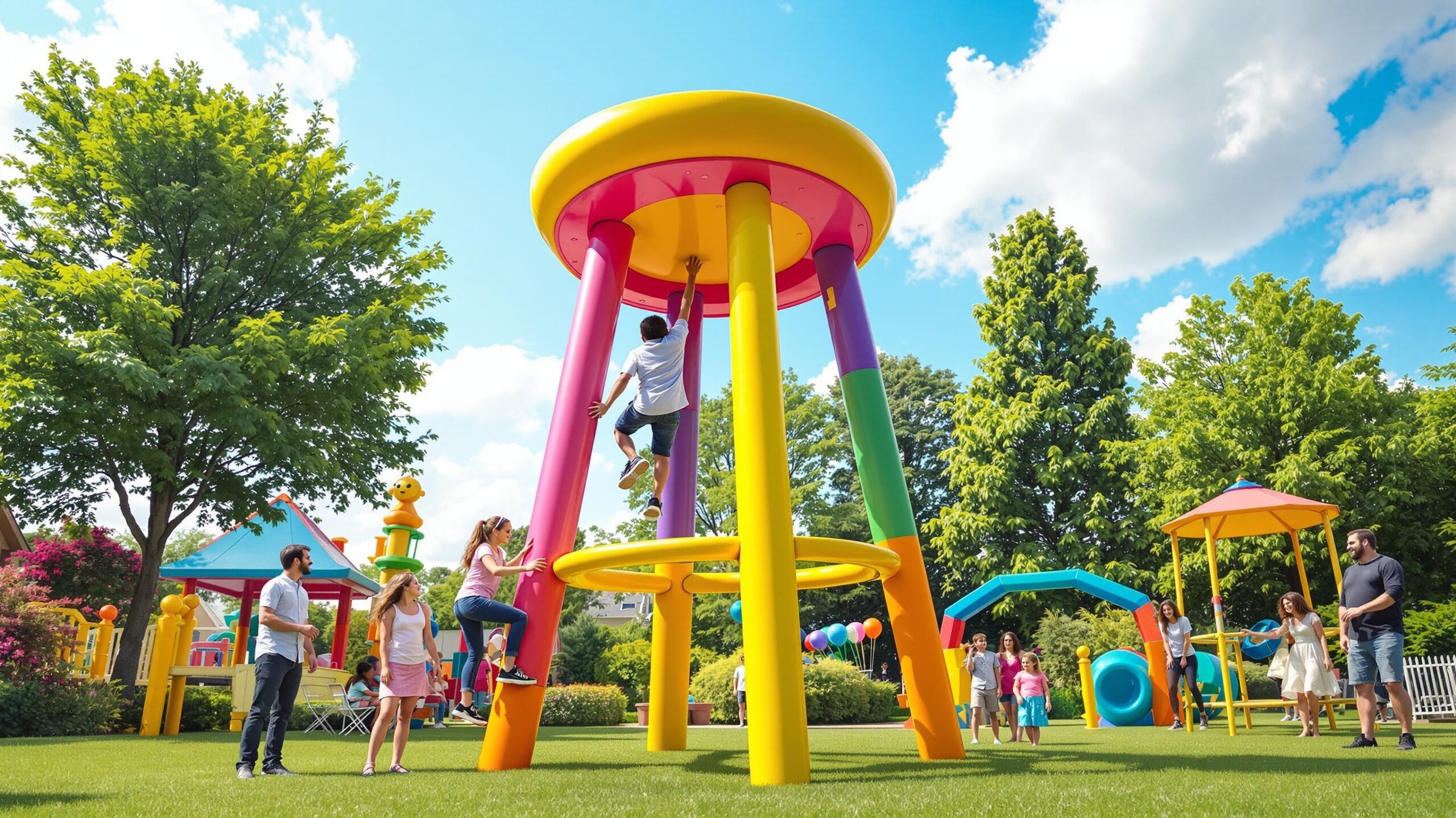 Giant bar stool display concept in a park setting