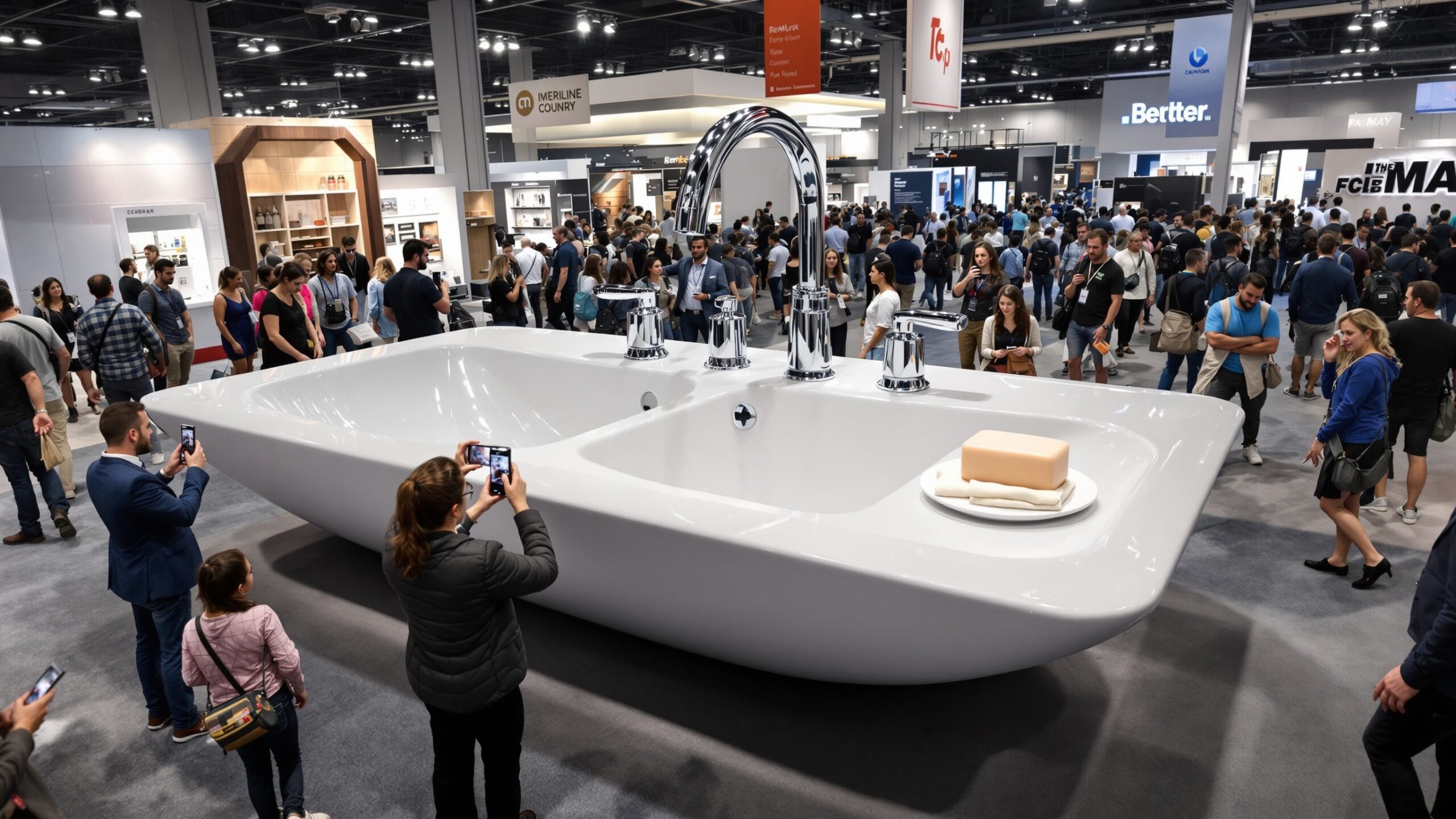 Concept of a giant bathroom sink display at an exhibit