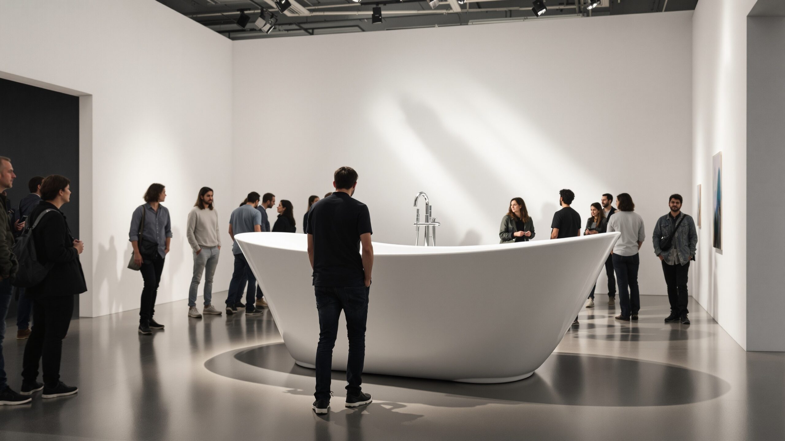 Concept for an oversized modern bathtub in a gallery