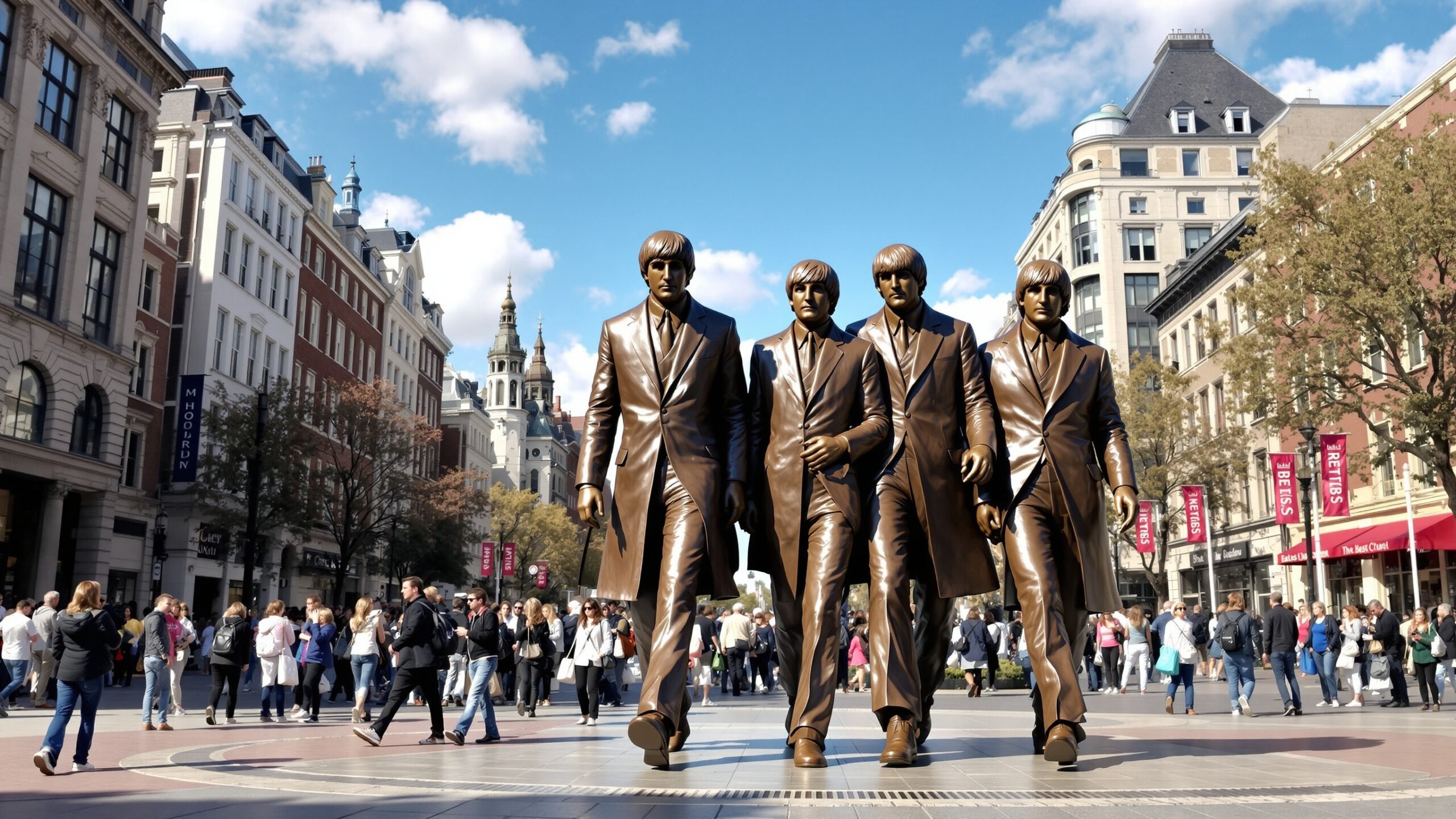 Concept illustration of a giant bronze-style Beatles statue group