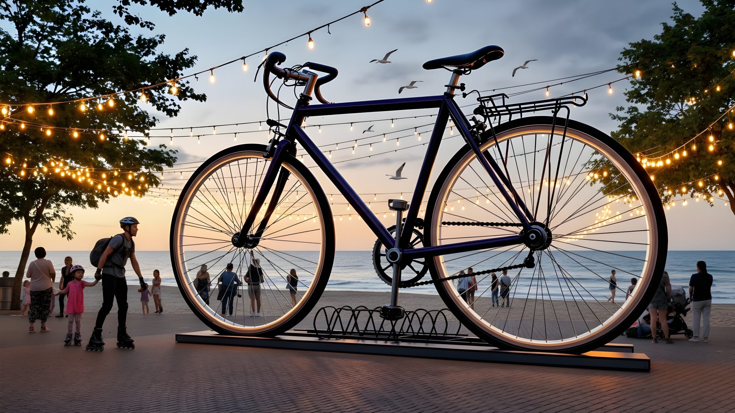 Concept for an oversized road-style bicycle by the coast