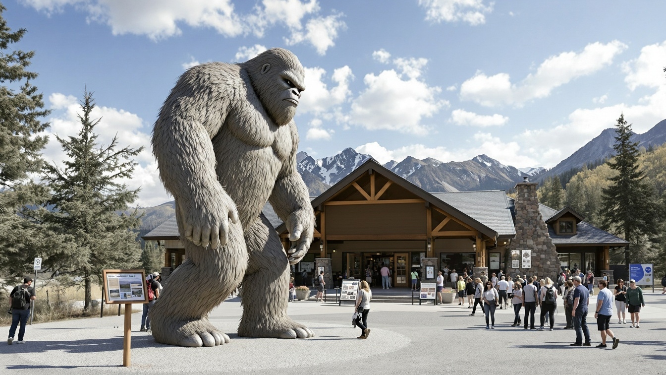Concept illustration of a giant Bigfoot statue at a visitor center