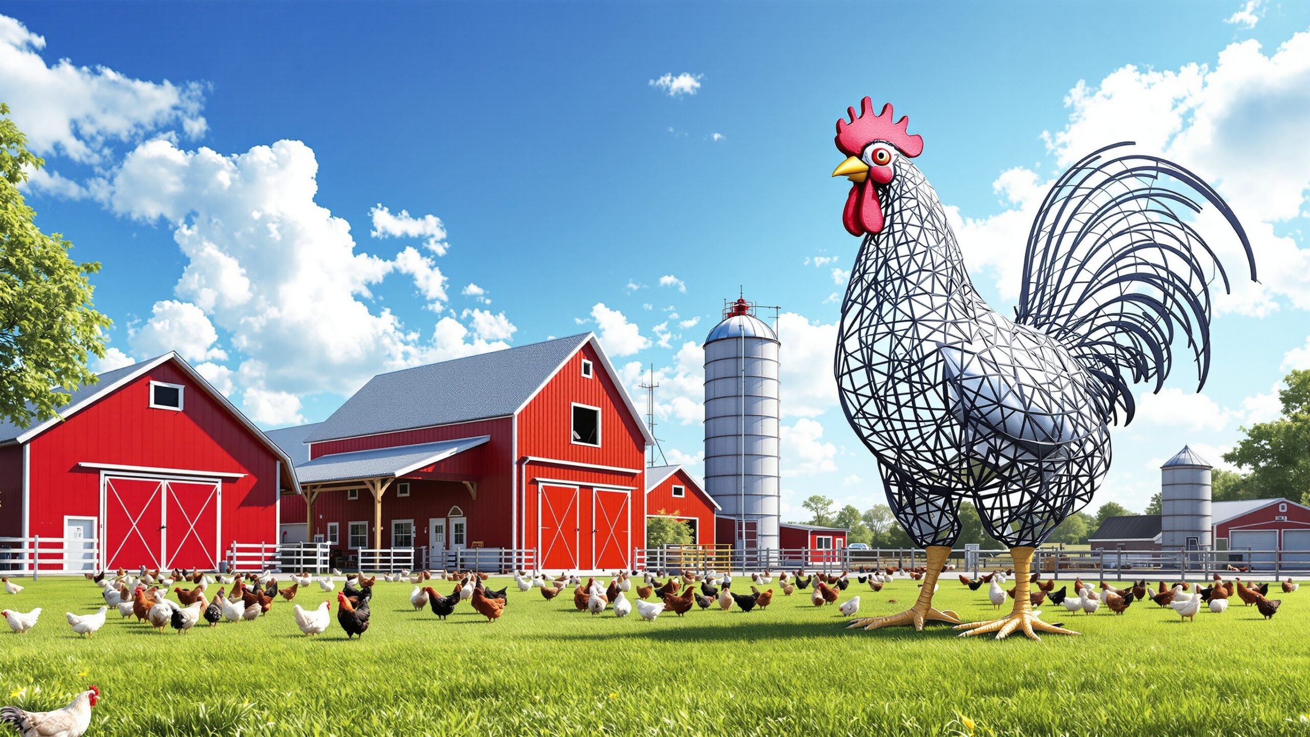 Concept illustration of a giant chicken statue at a poultry farm