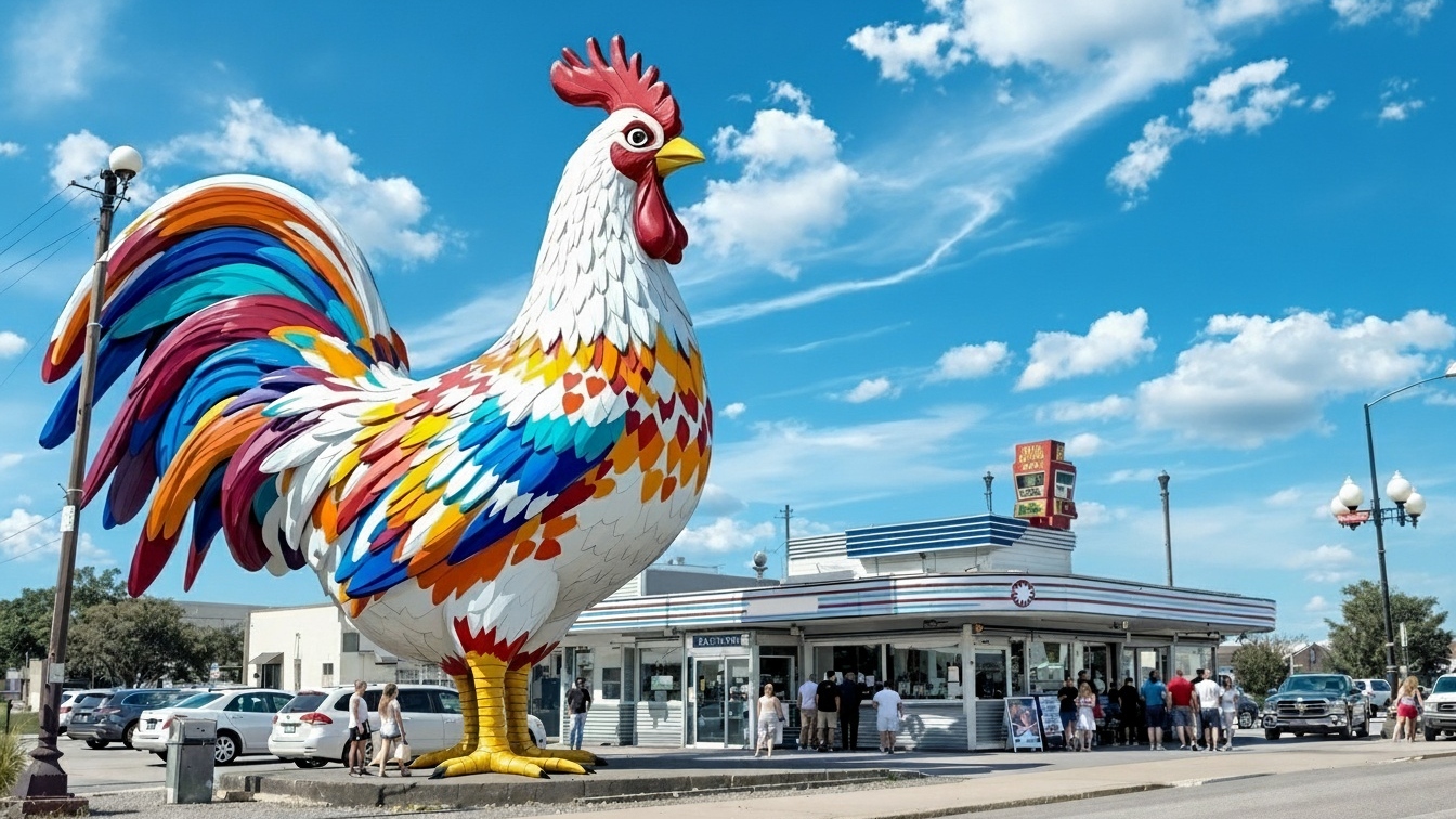Concept illustration of a colorful giant rooster statue near a roadside diner