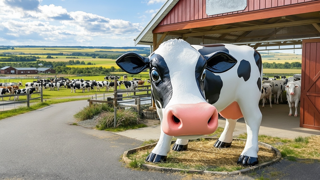Concept illustration of a giant cow statue at a dairy farm