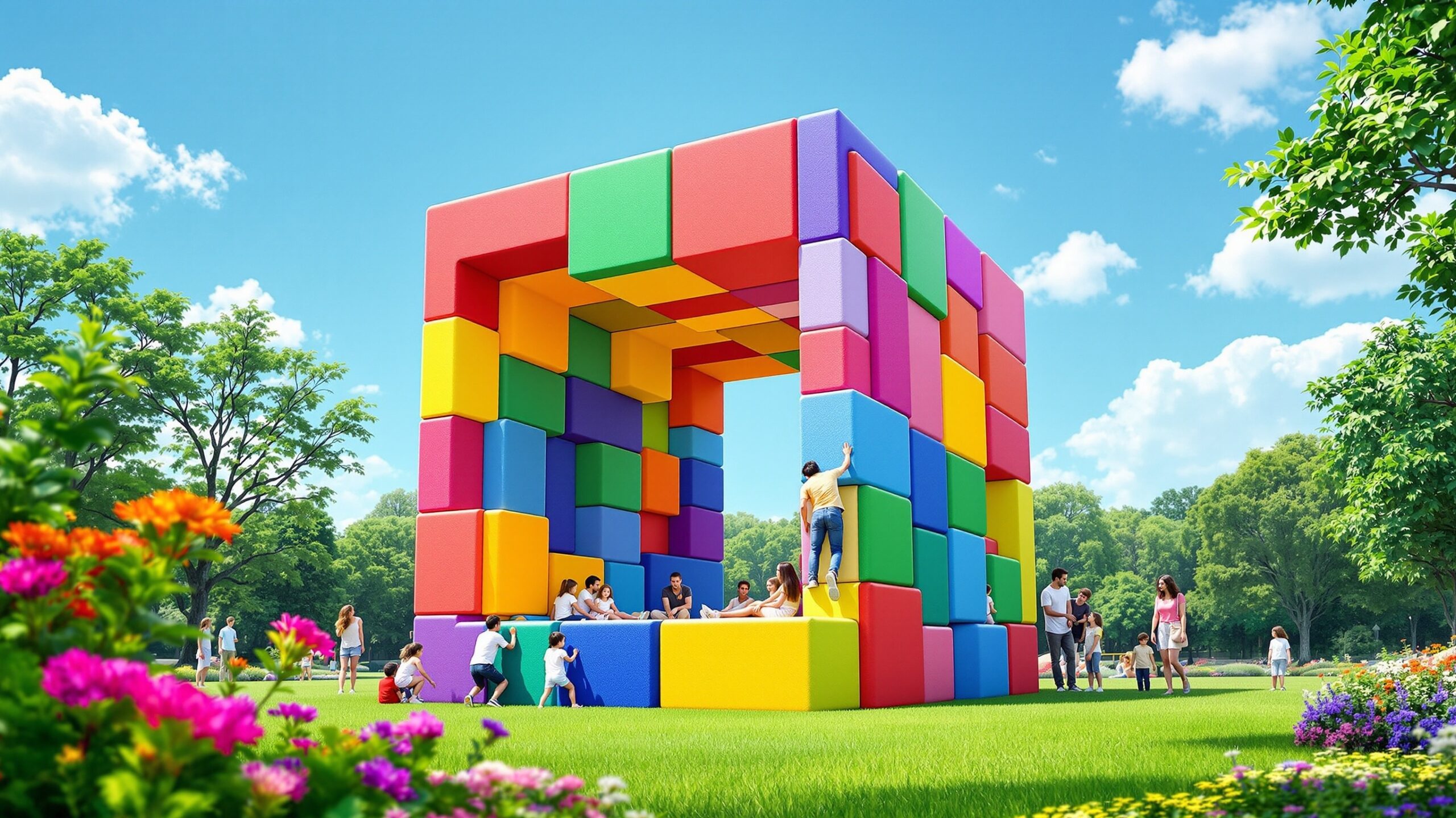 Concept for an oversized colorful cube seat outdoors