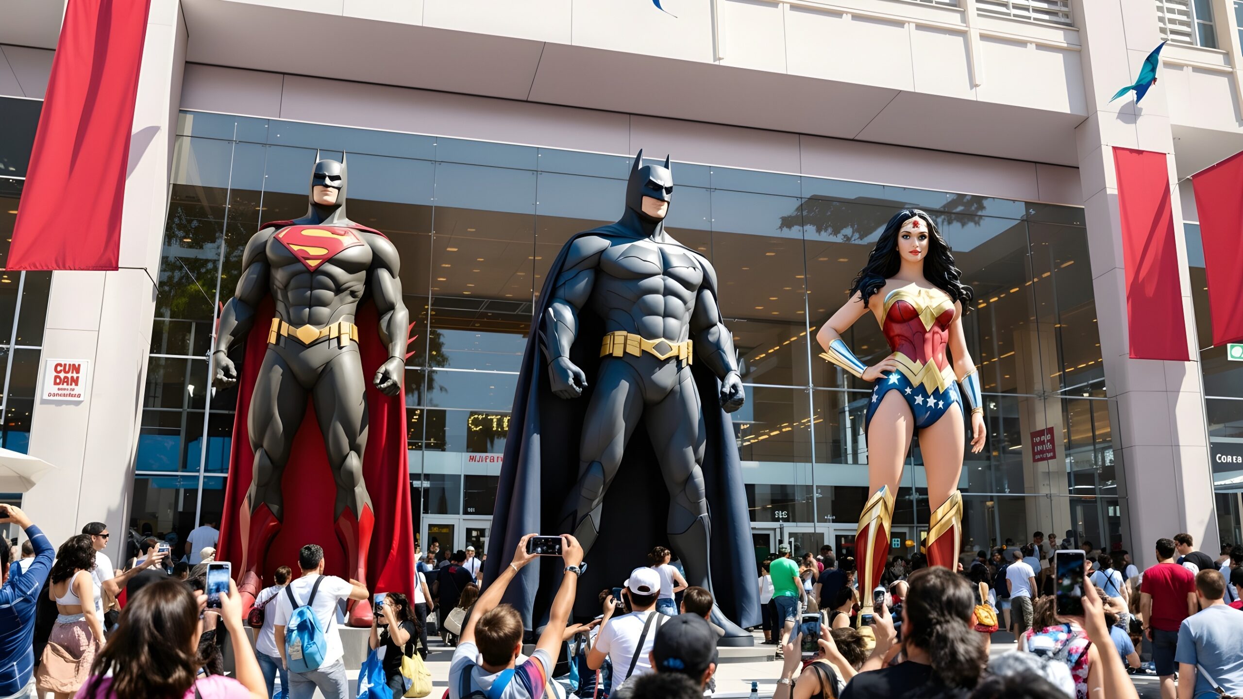 Concept illustration of giant DC characters outside a venue