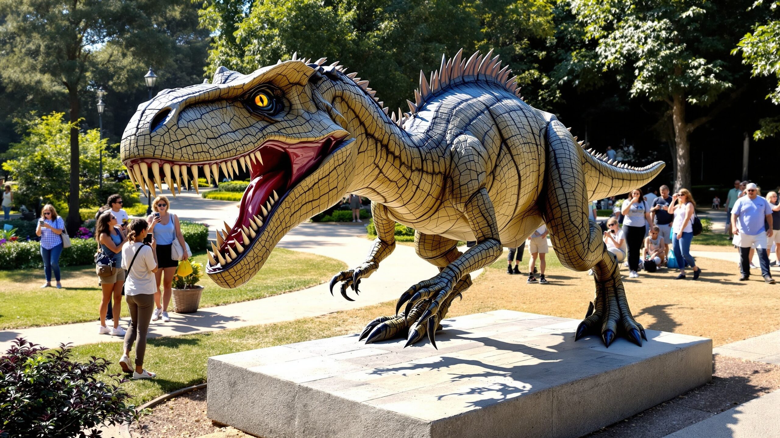 Concept illustration of a giant dinosaur statue in an outdoor exhibit