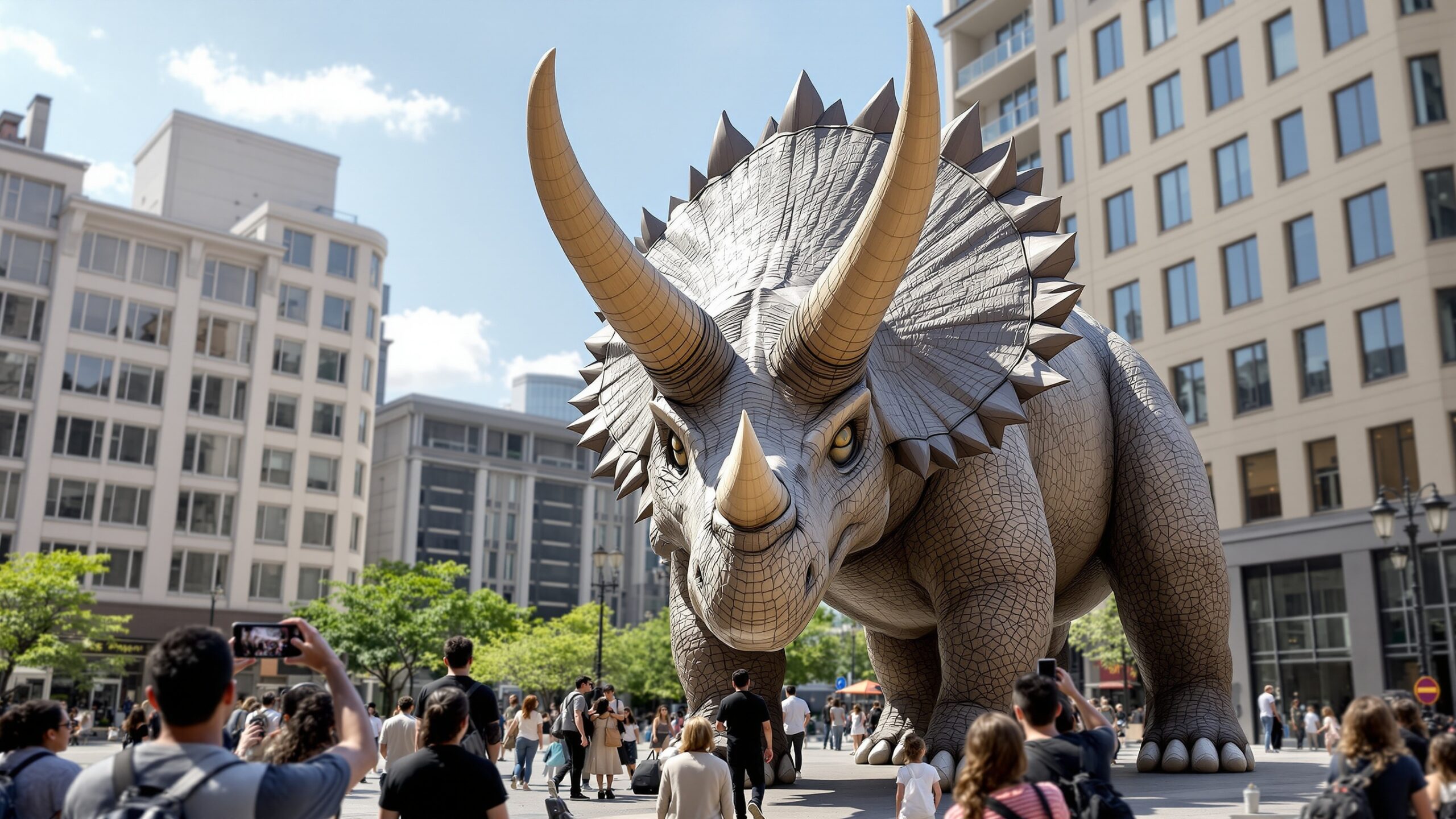 Concept illustration of a horned dinosaur statue in a plaza