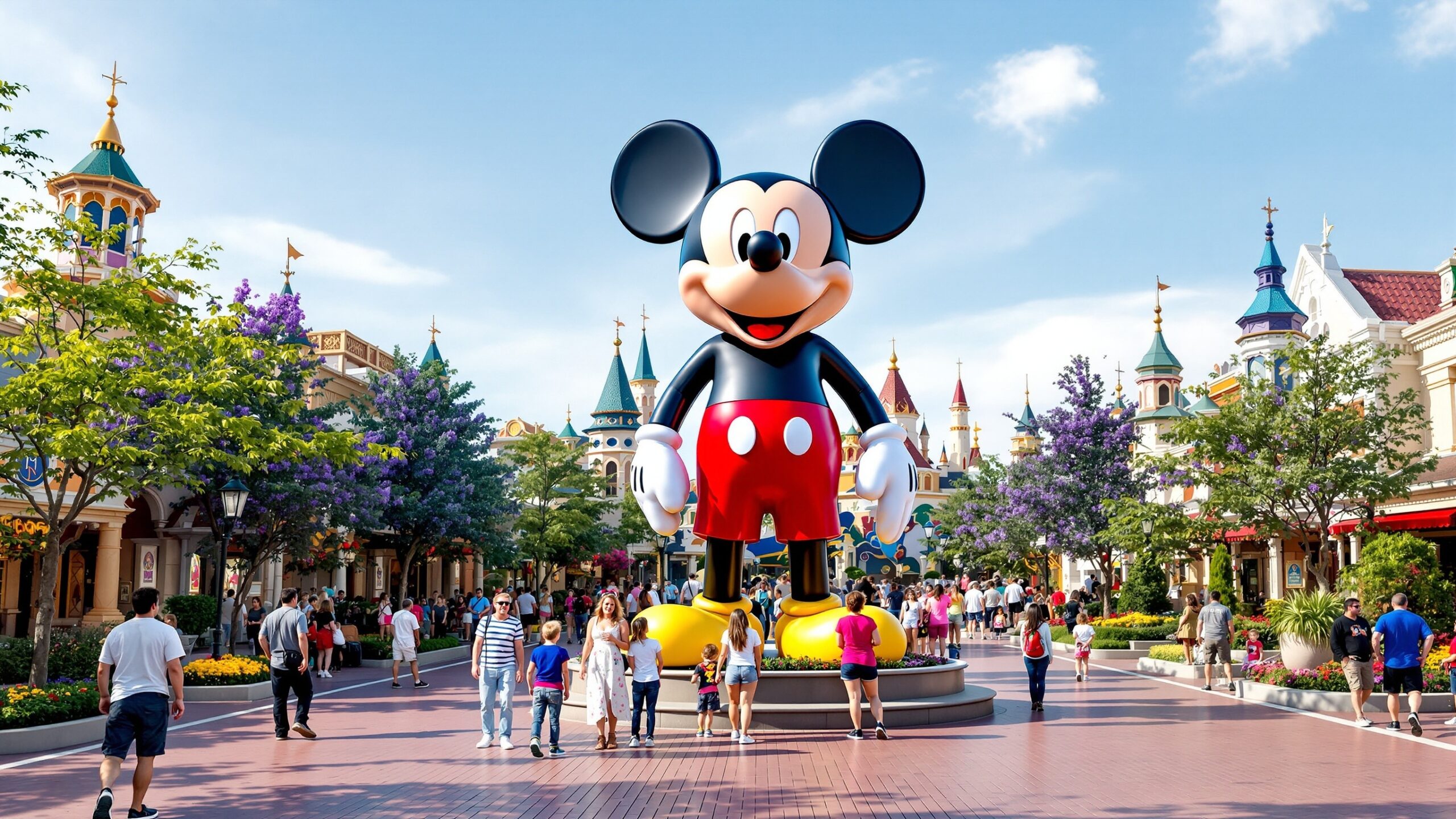 Concept illustration of a giant Mickey Mouse character statue in a park