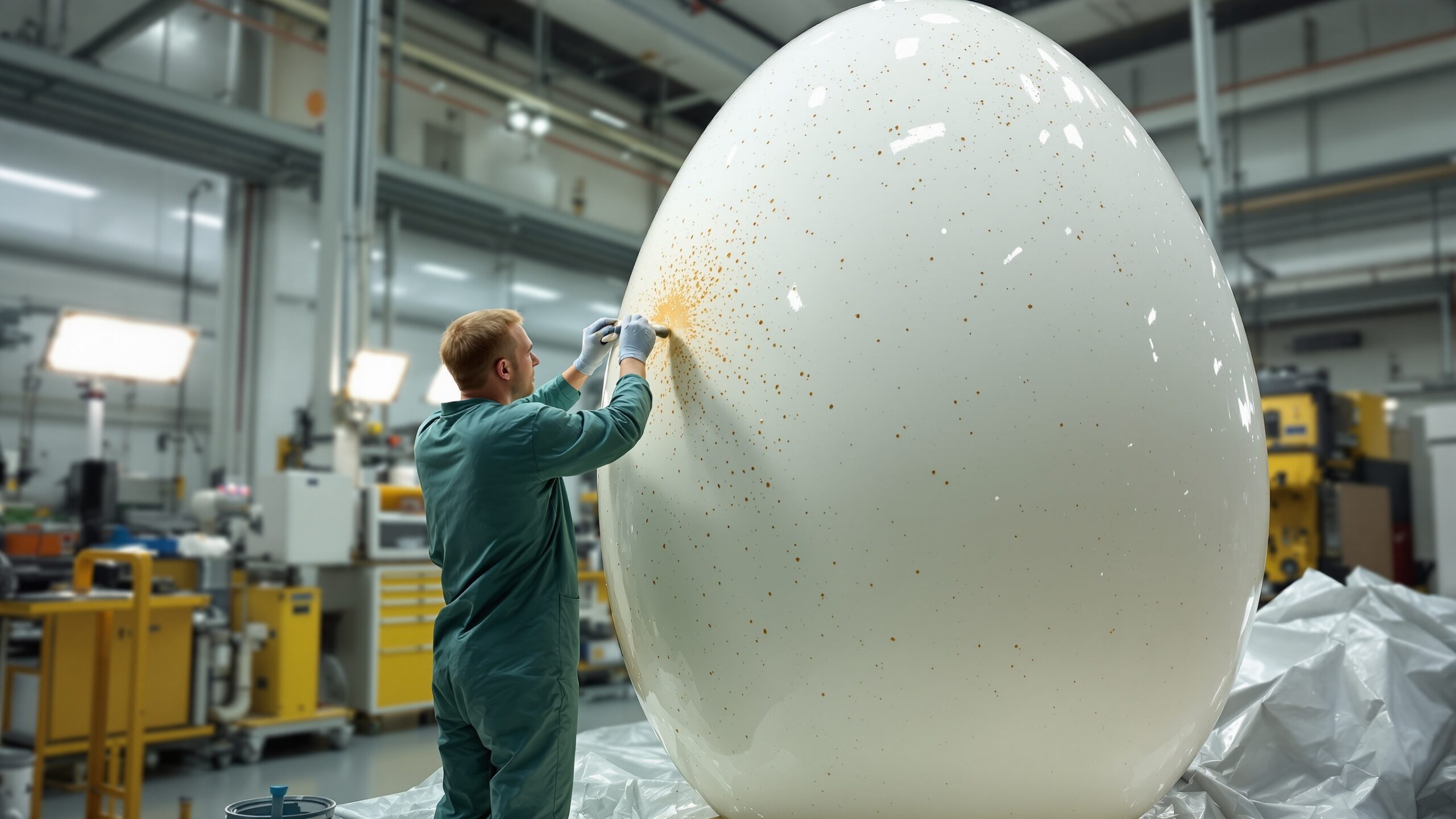 Concept view of a giant egg statue with a painted shell