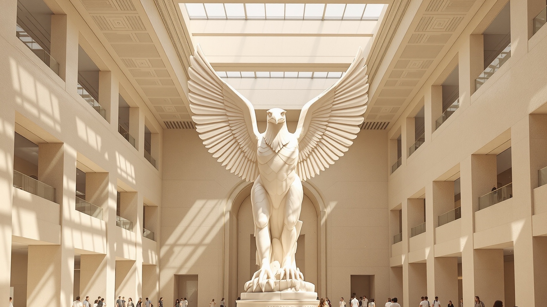 Concept illustration of a giant Horus-inspired statue in a museum hall