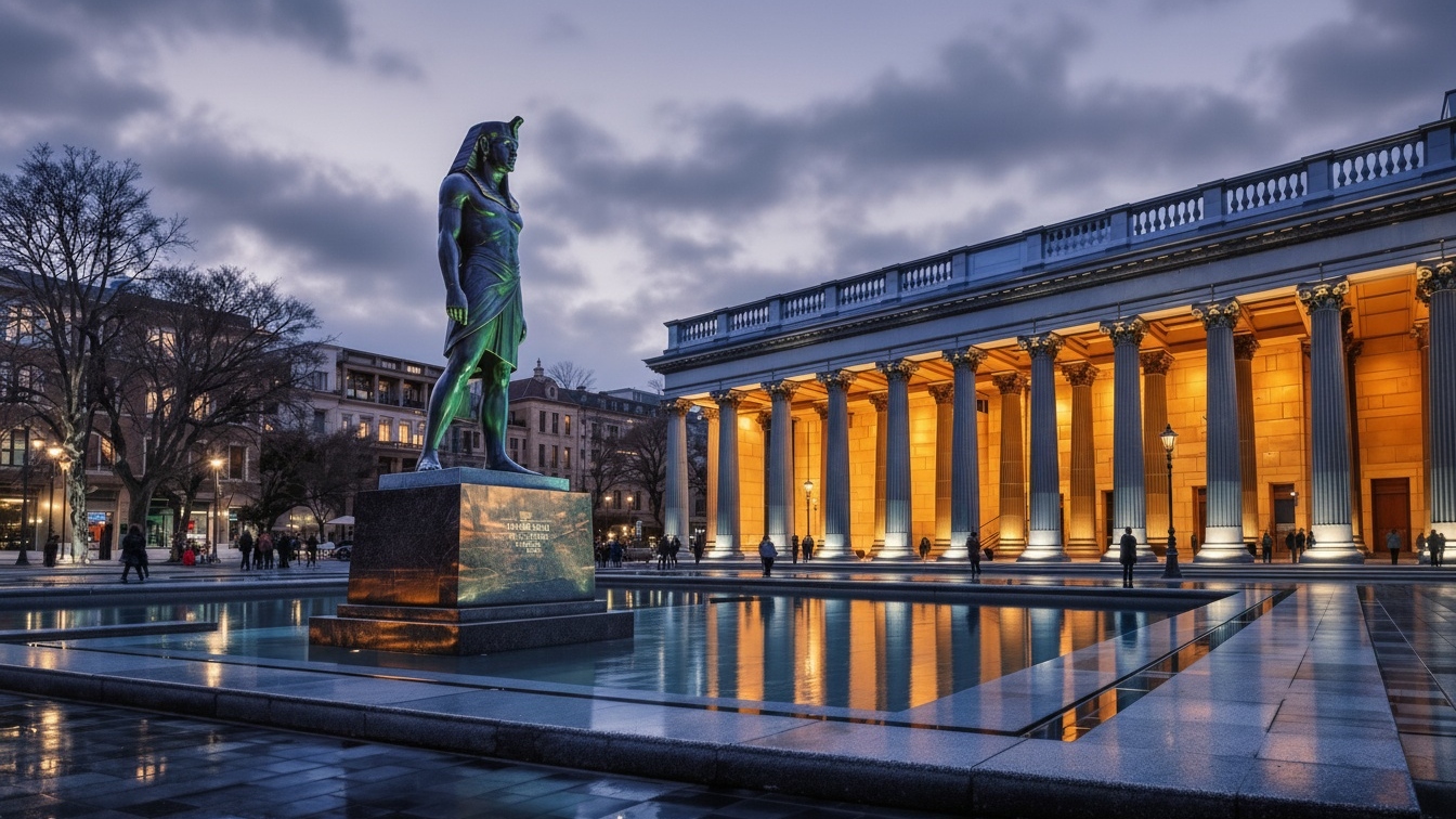 Concept illustration of a giant pharaoh-inspired statue at a museum
