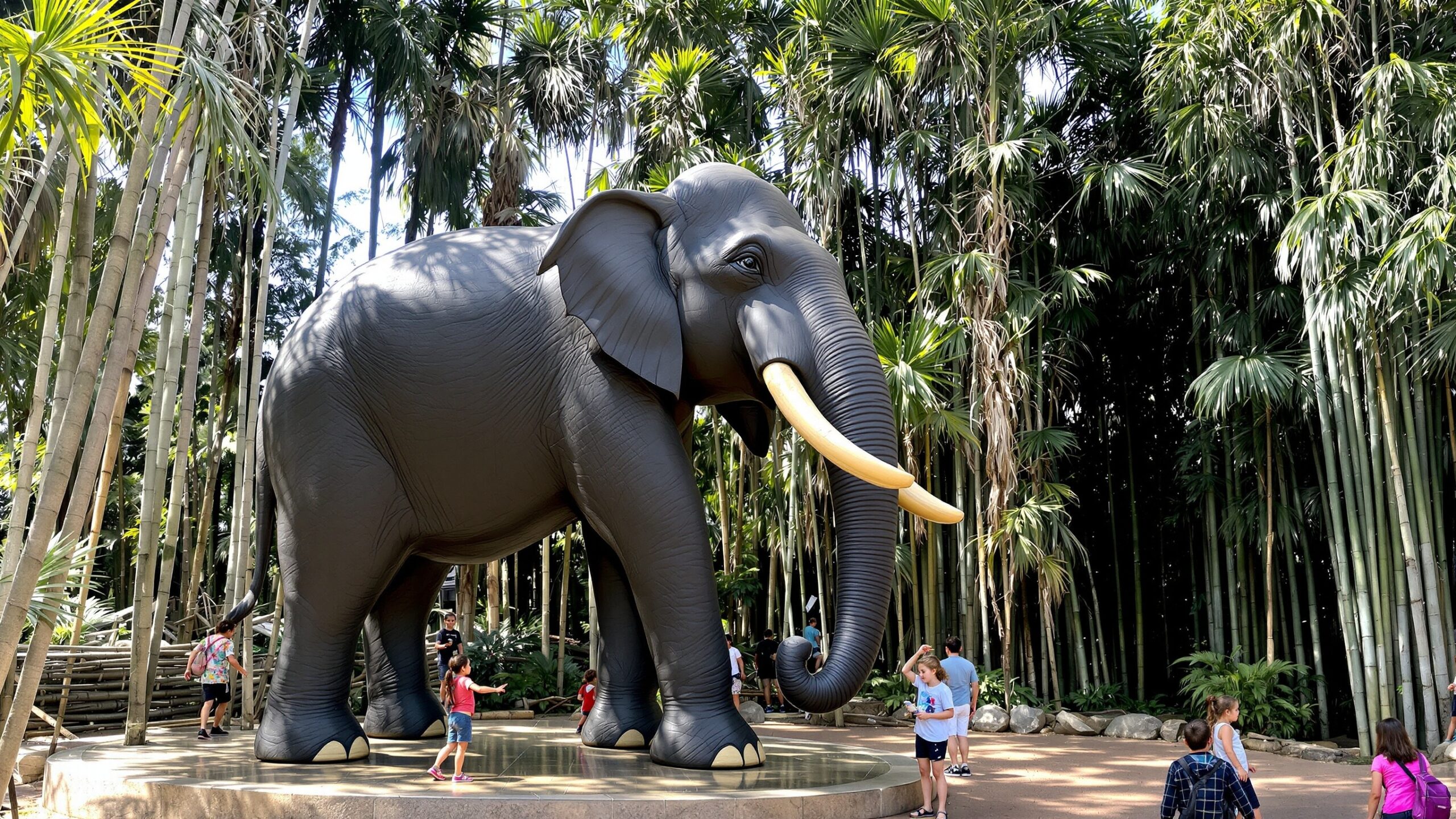 Concept view of a giant elephant statue among bamboo