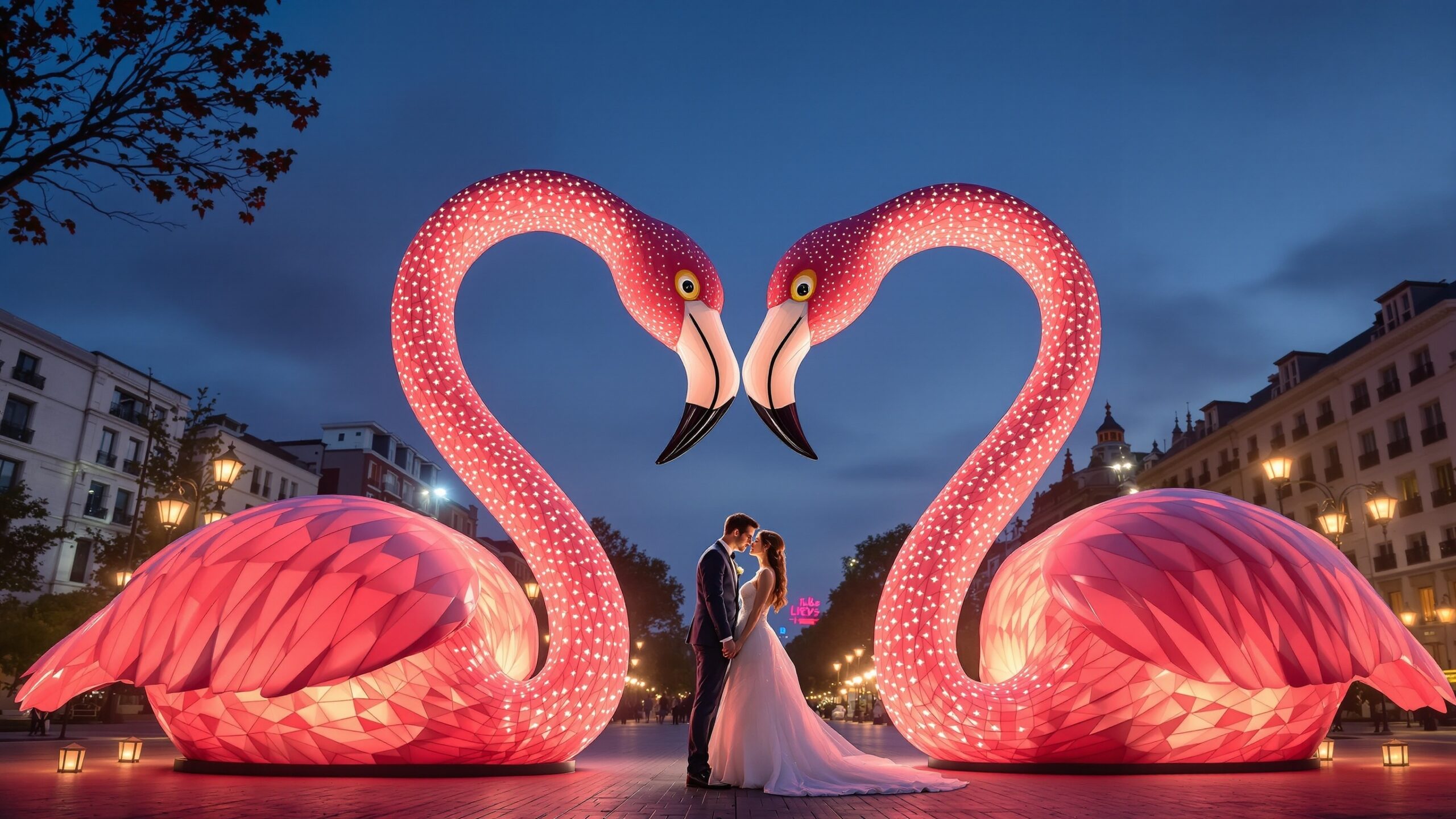 Concept illustration of two giant flamingo statues forming a heart shape