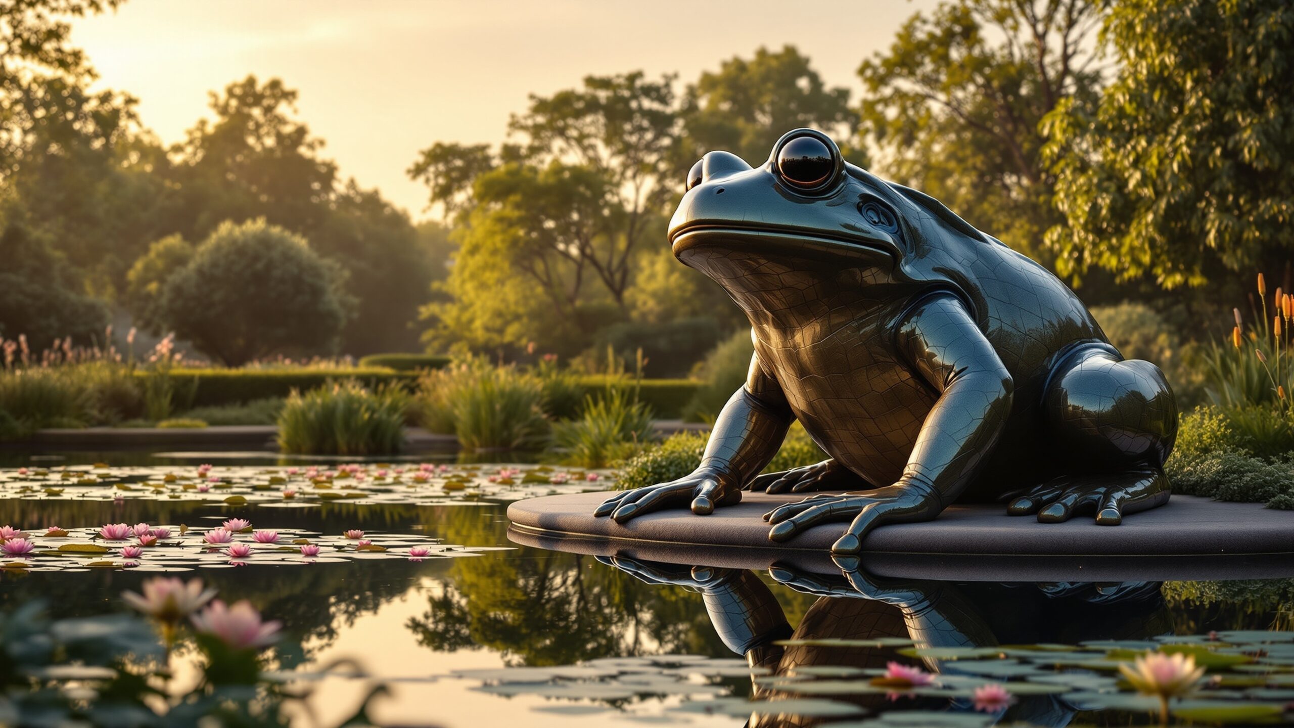 Concept illustration of a giant frog statue beside a pond