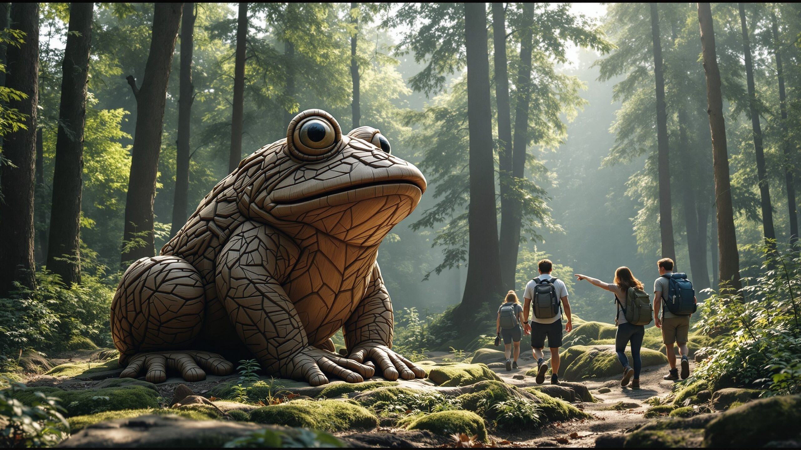Concept illustration of a giant frog statue in a forest clearing