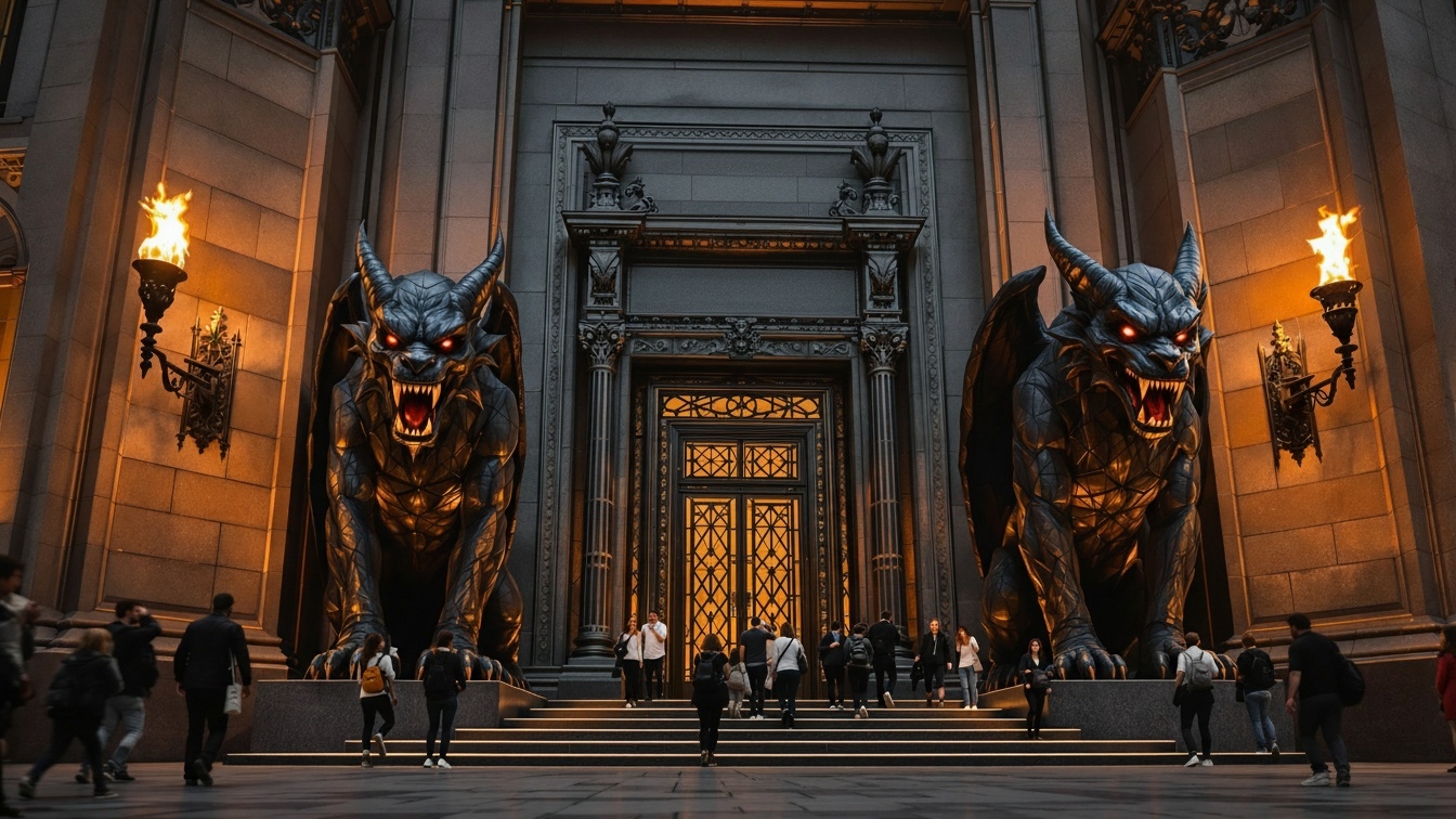 Concept illustration of two giant gargoyle statues at a museum entrance