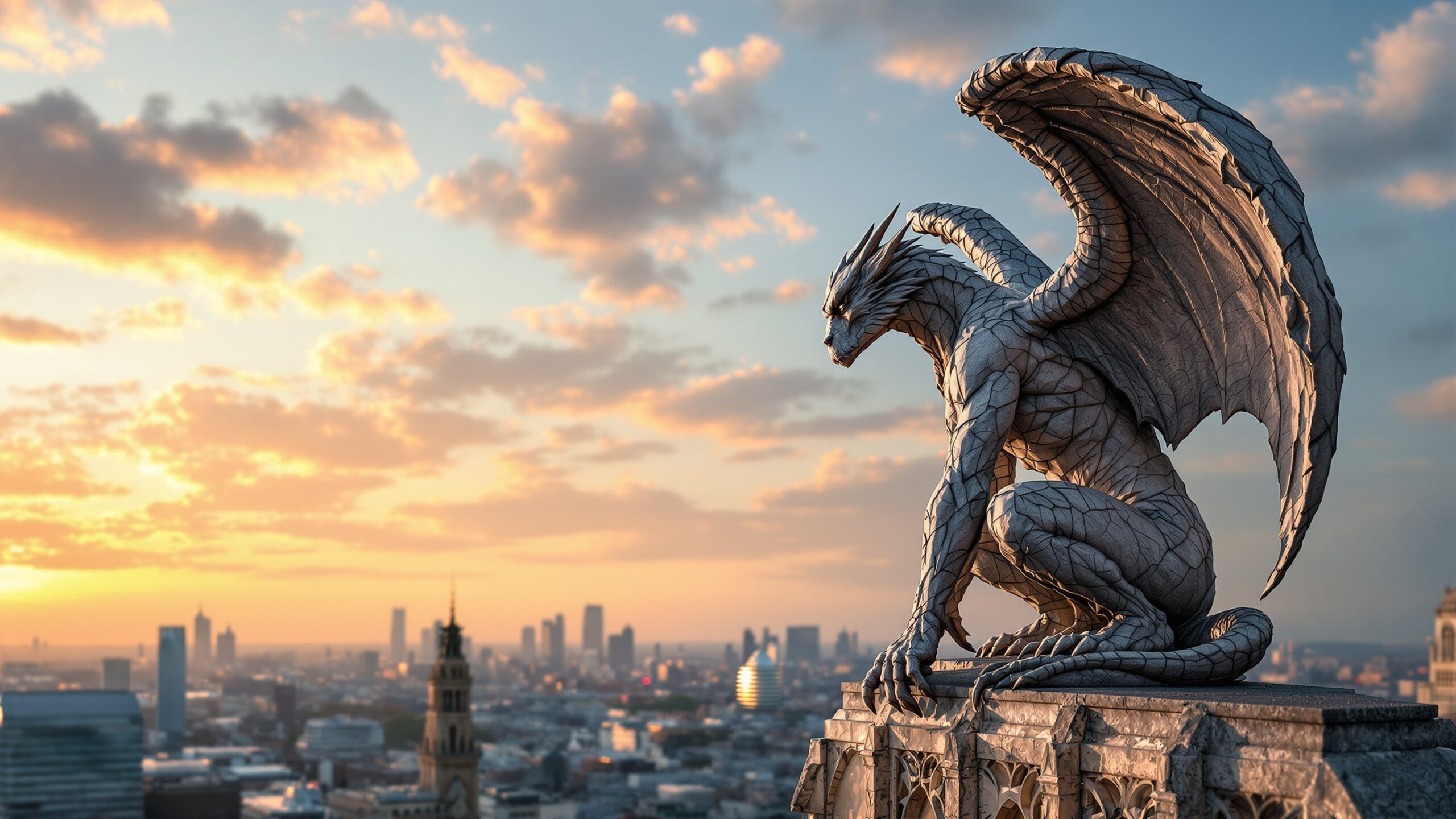 Concept illustration of a giant gargoyle statue on a rooftop