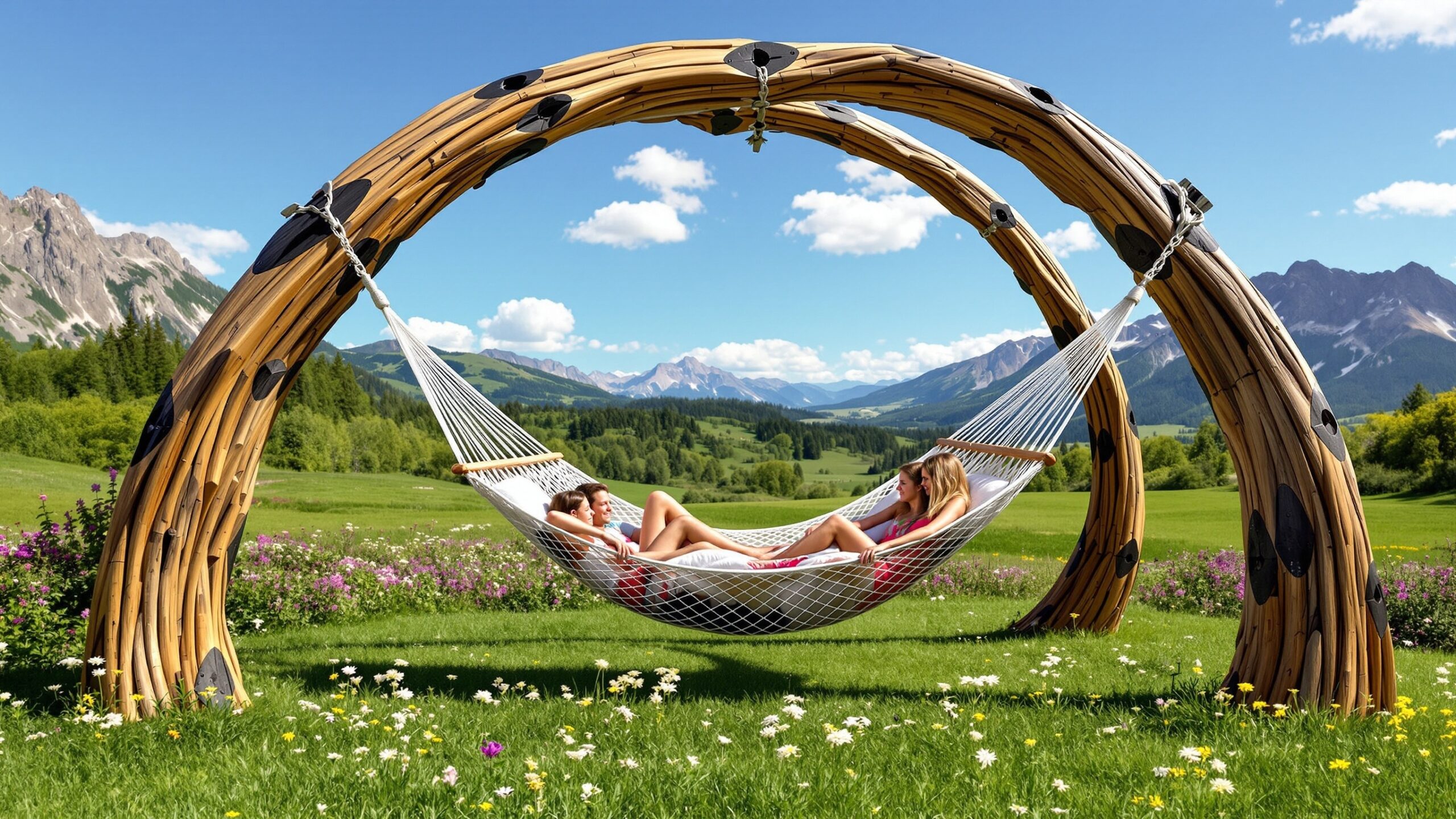 Concept of a giant hammock stand in a meadow