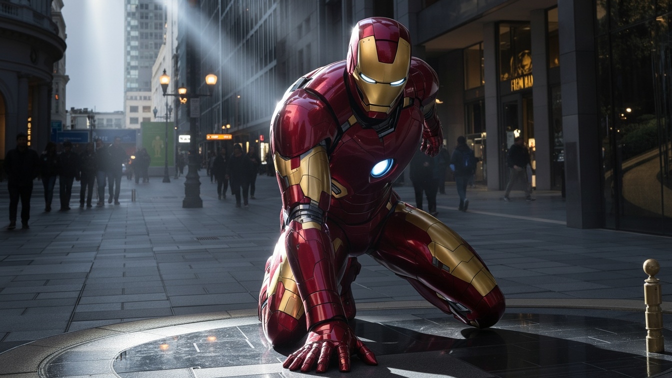 Concept illustration of a crouching giant Iron Man statue