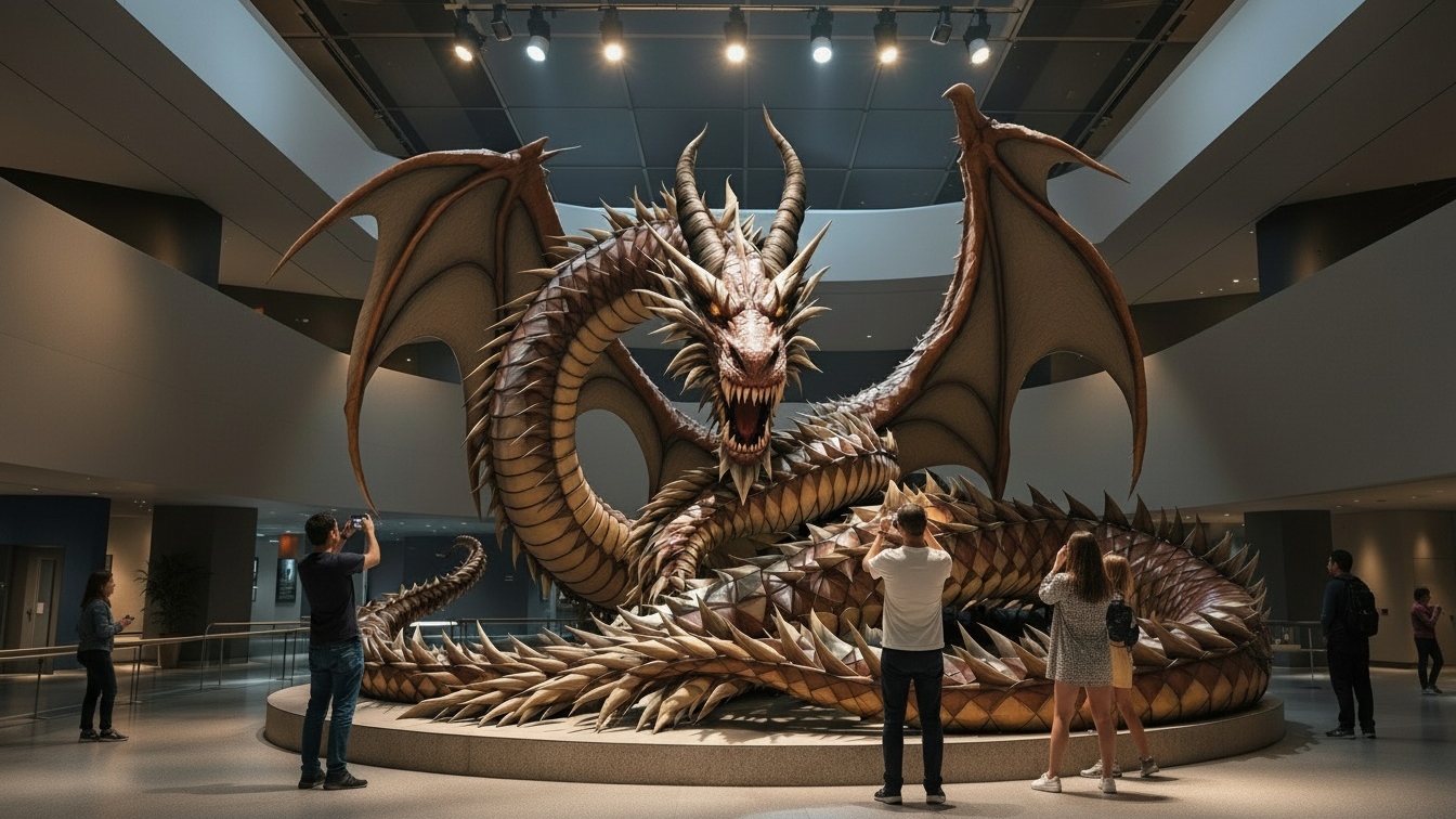 Concept illustration of a giant Smaug dragon statue in an exhibit