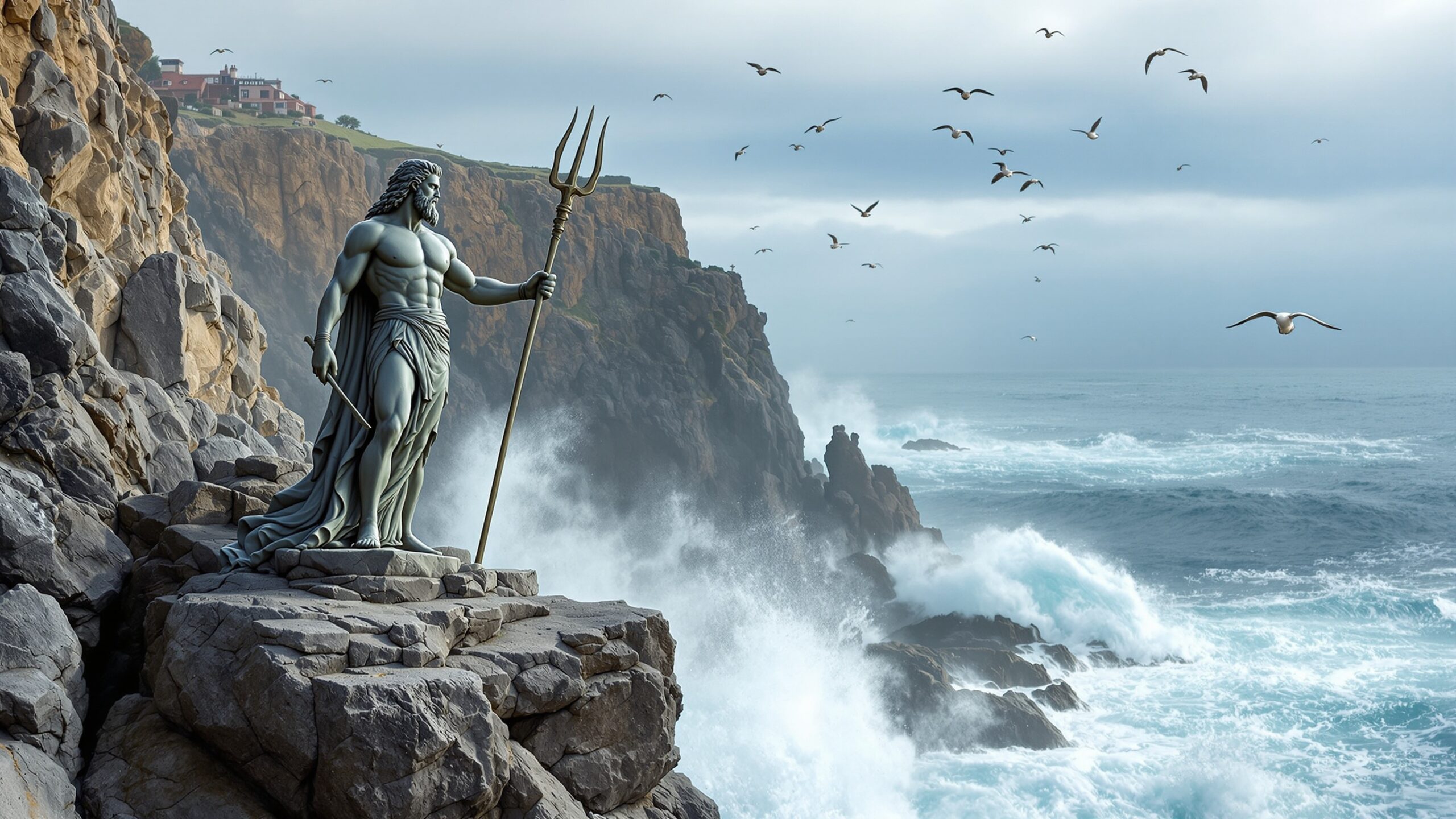 Concept of a large sea-god figure on a rocky coast