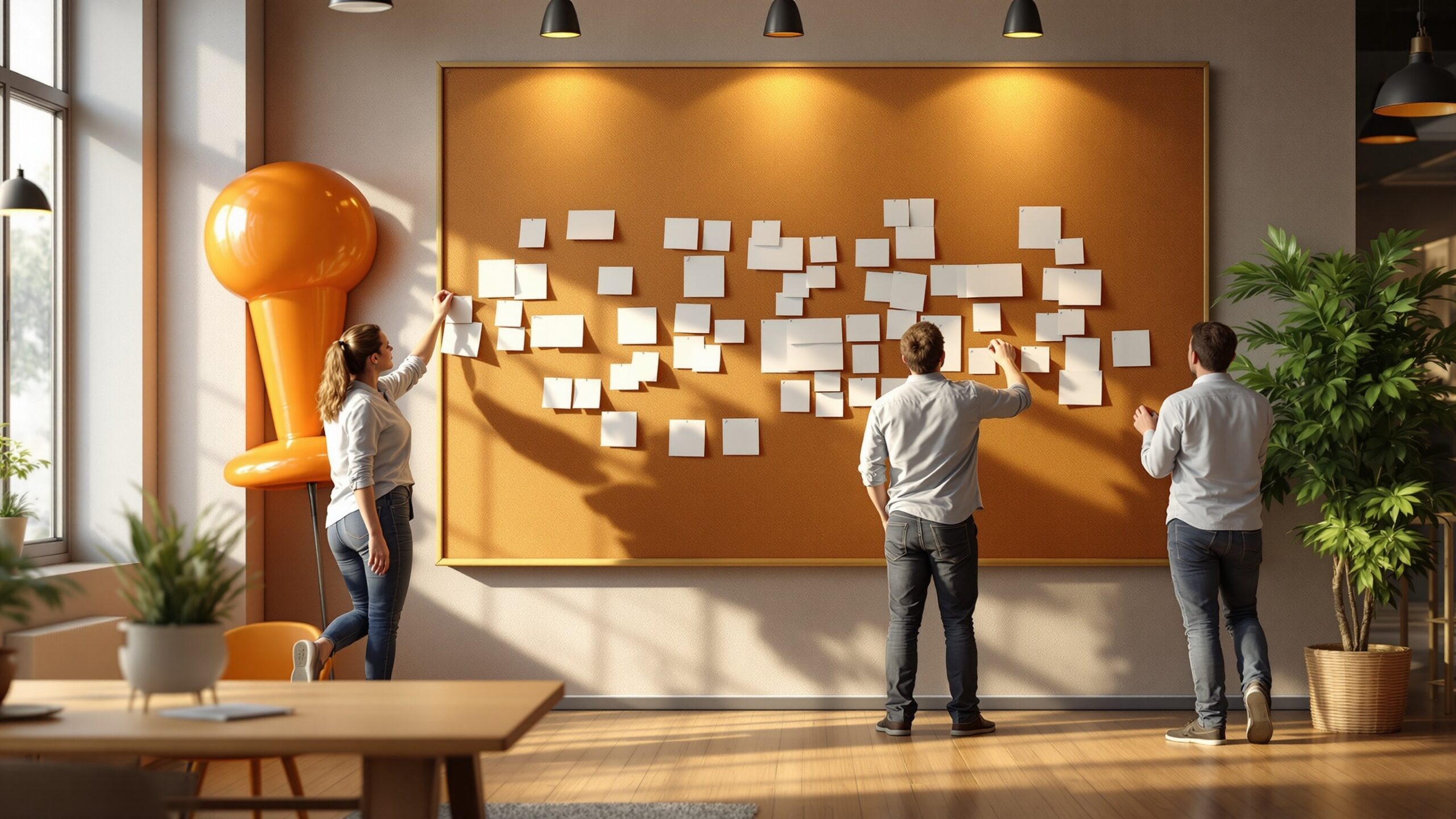 Concept of a giant thumbtack-style push pin on a corkboard