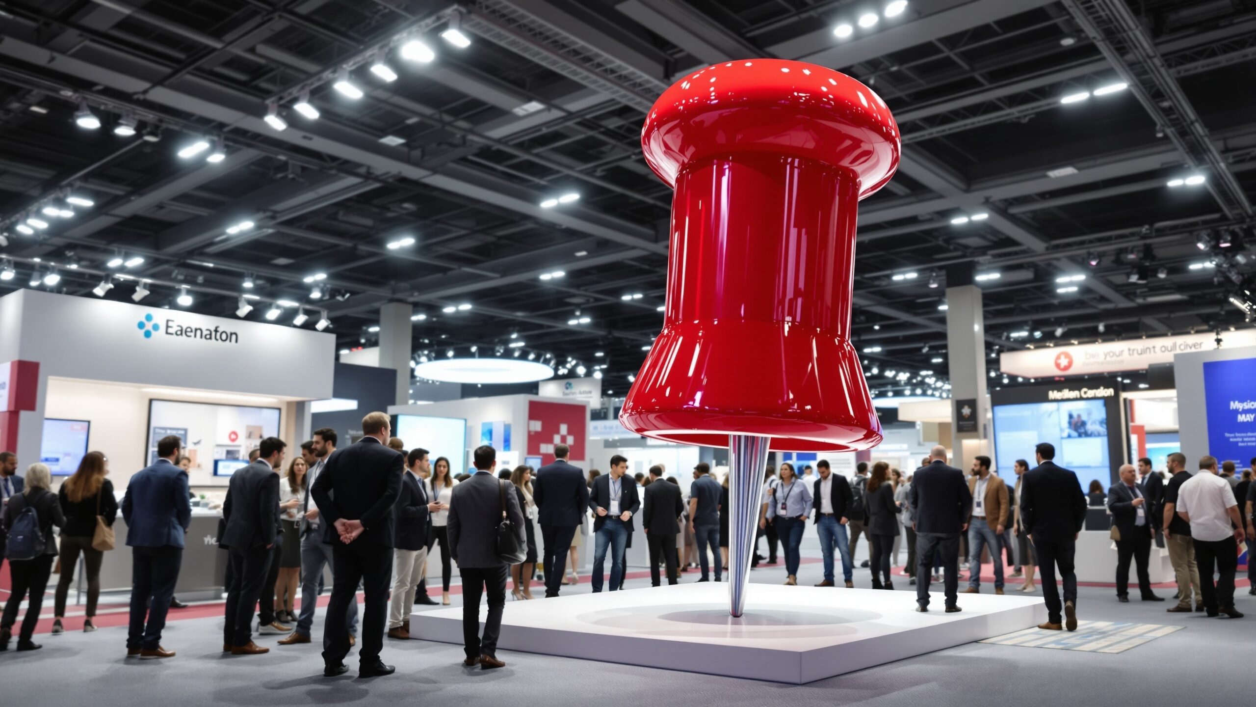 Concept of a giant push pin display at a trade show