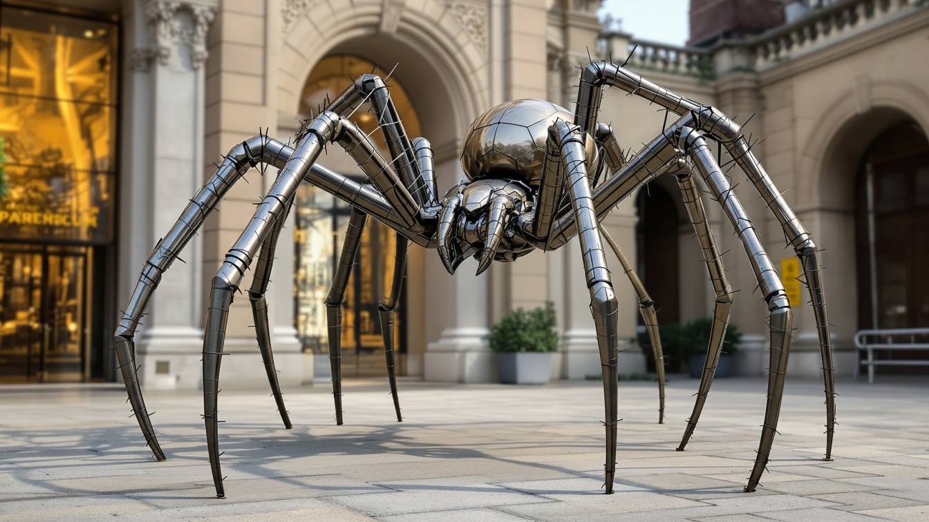 Concept illustration of a giant spider statue outside a museum