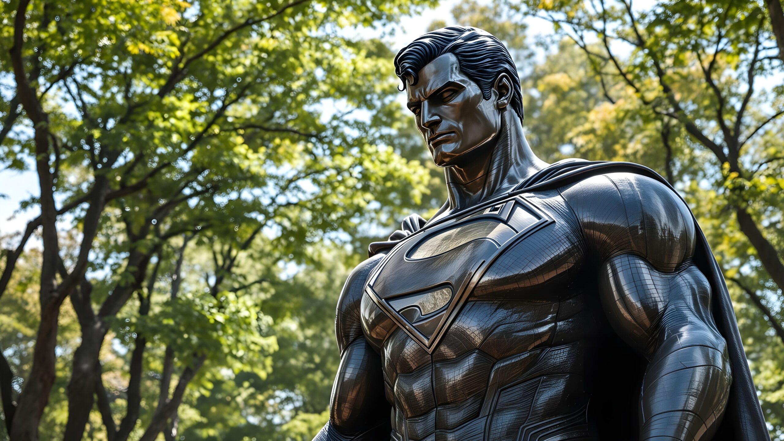 Concept illustration of a metallic-looking Superman statue in a park