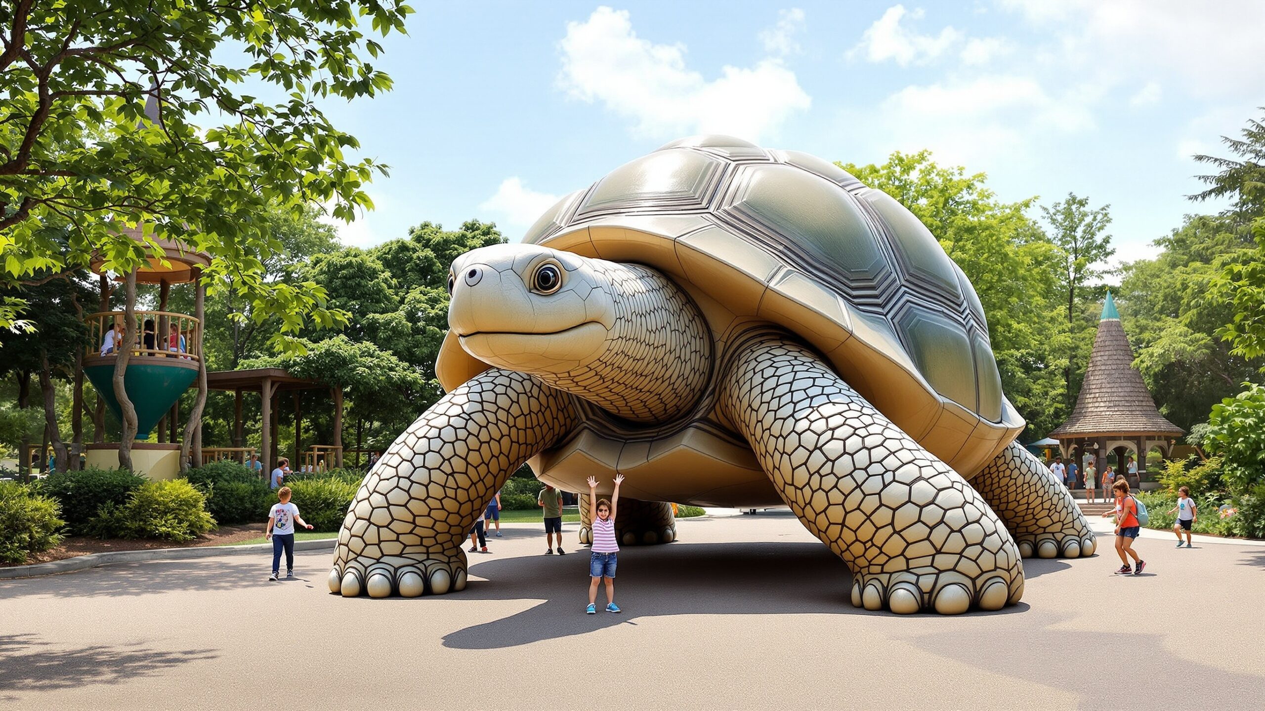 Concept illustration of a giant tortoise statue at a zoo
