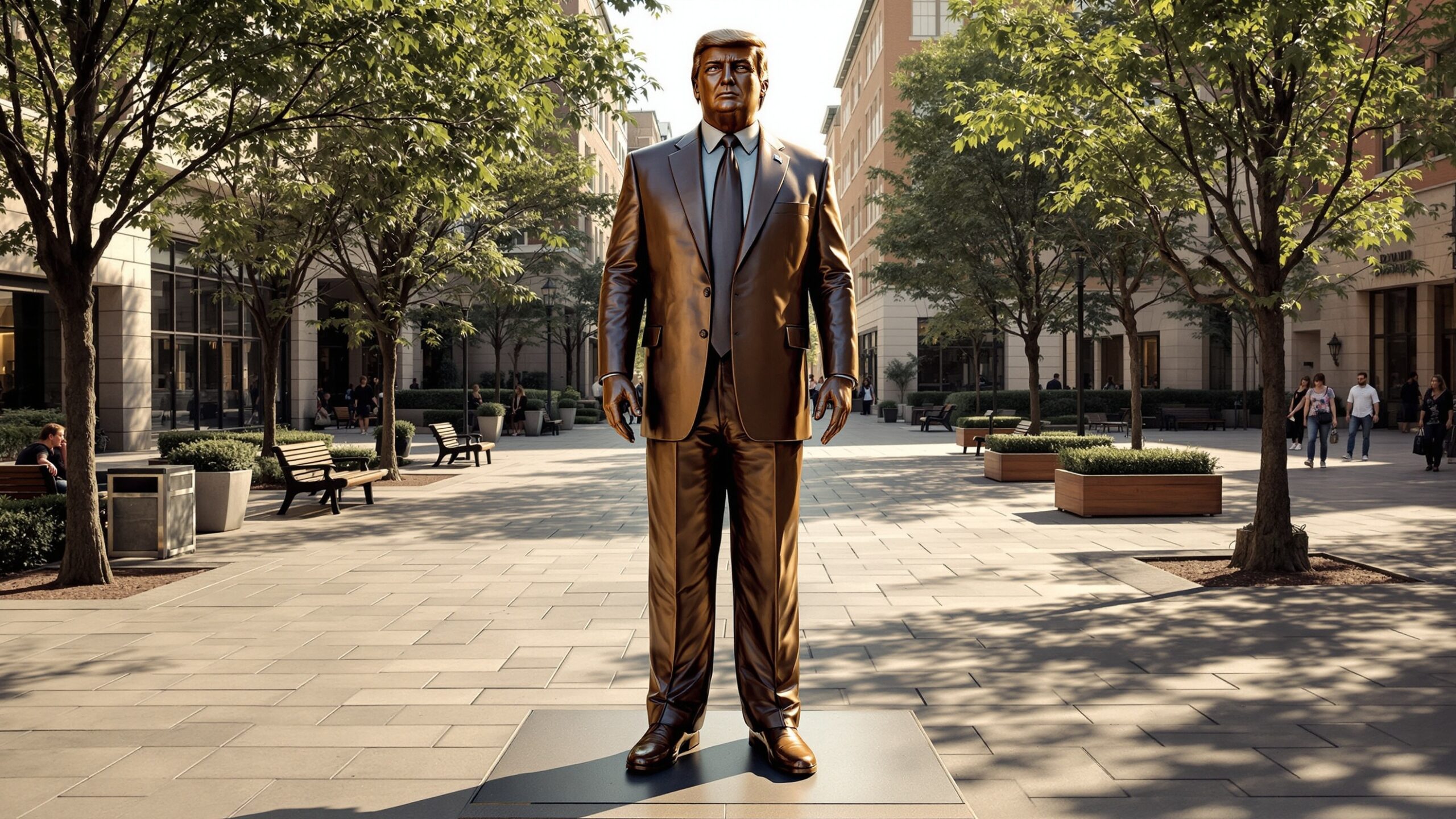 Concept illustration of a giant Trump statue in a courtyard