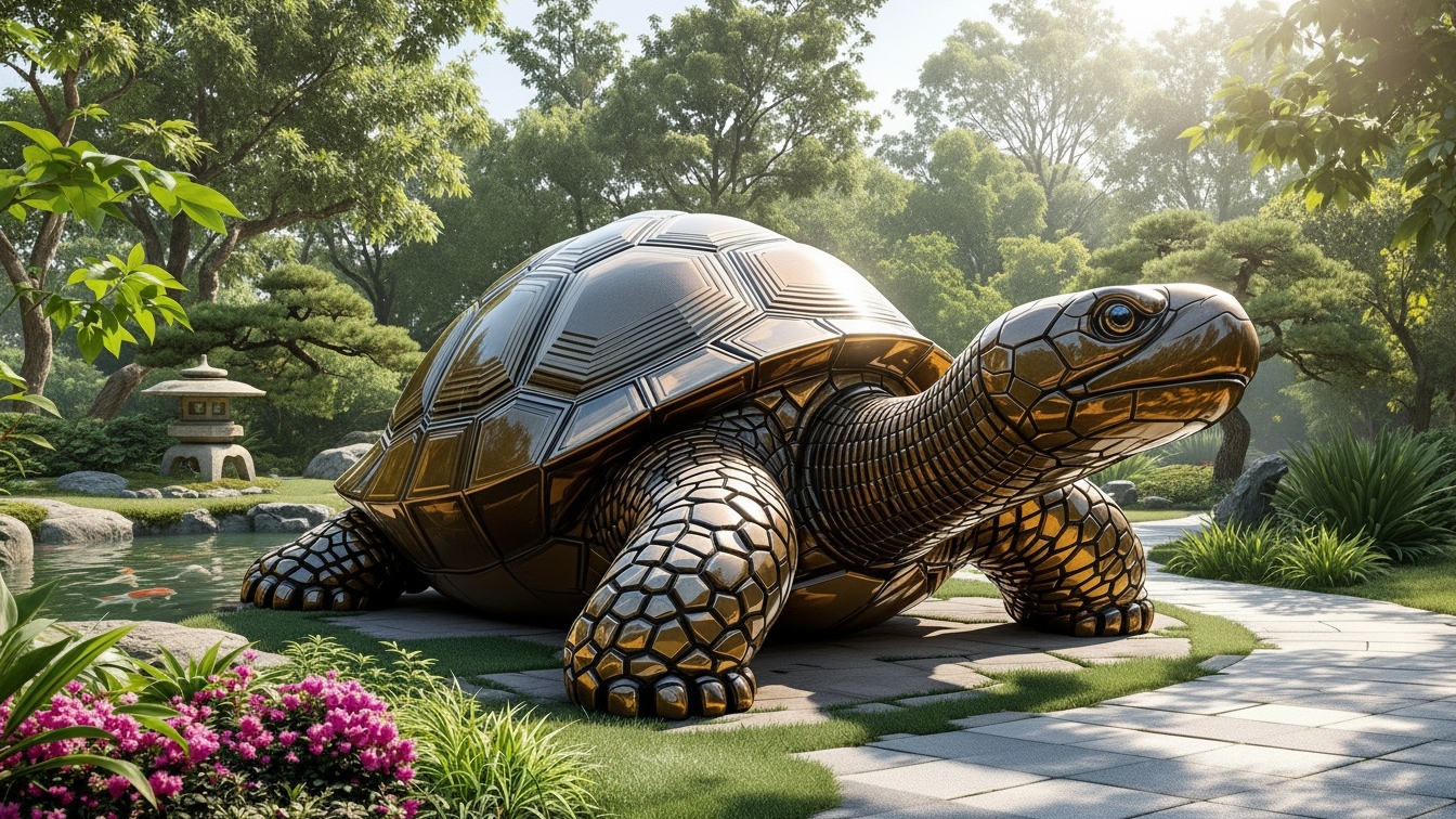 Concept illustration of a giant tortoise statue in a garden