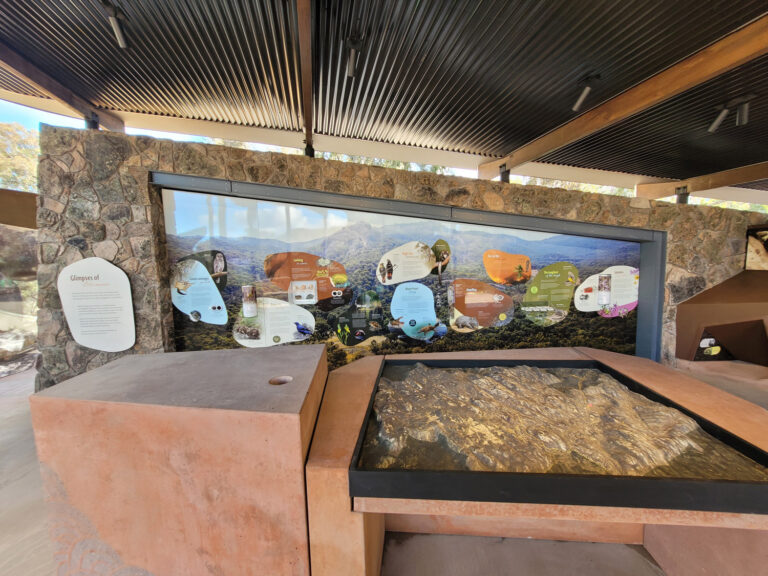 Outdoor 3D raised relief topographical map at the Girraween National Park Visitor Information Centre in Queensland, Australia, showing the park’s peaks, valleys, and terrain in a weather-resistant display.
