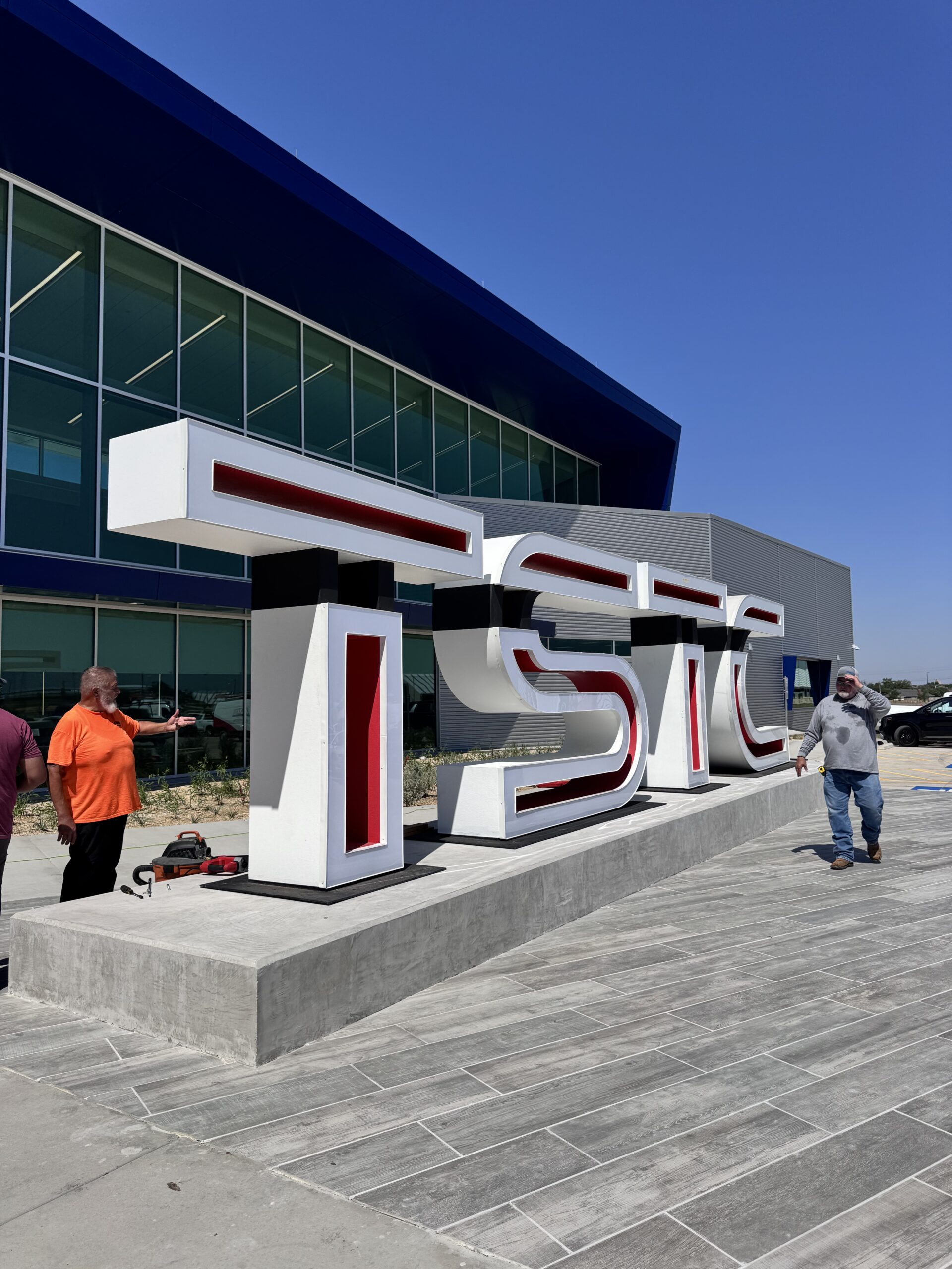 Installation view of the 8-foot TSTC letters at the Power and Mechanical Center