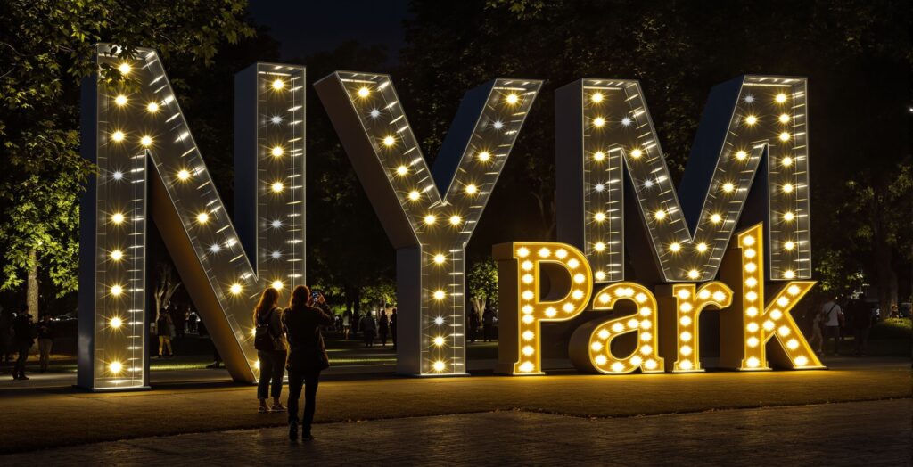 Illuminated aluminum letters glowing at night in a park with trees and pathways.