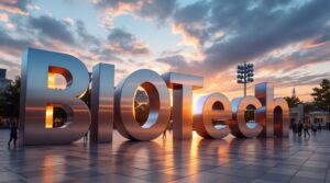 Giant brushed aluminum letters in a city plaza at sunset with crowds around