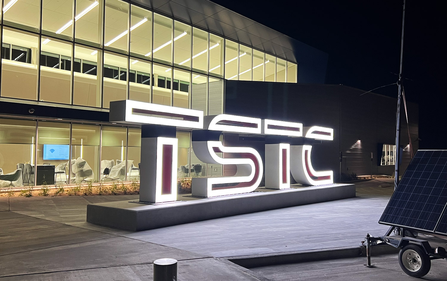 Illuminated TSTC letters at the Power and Mechanical Center