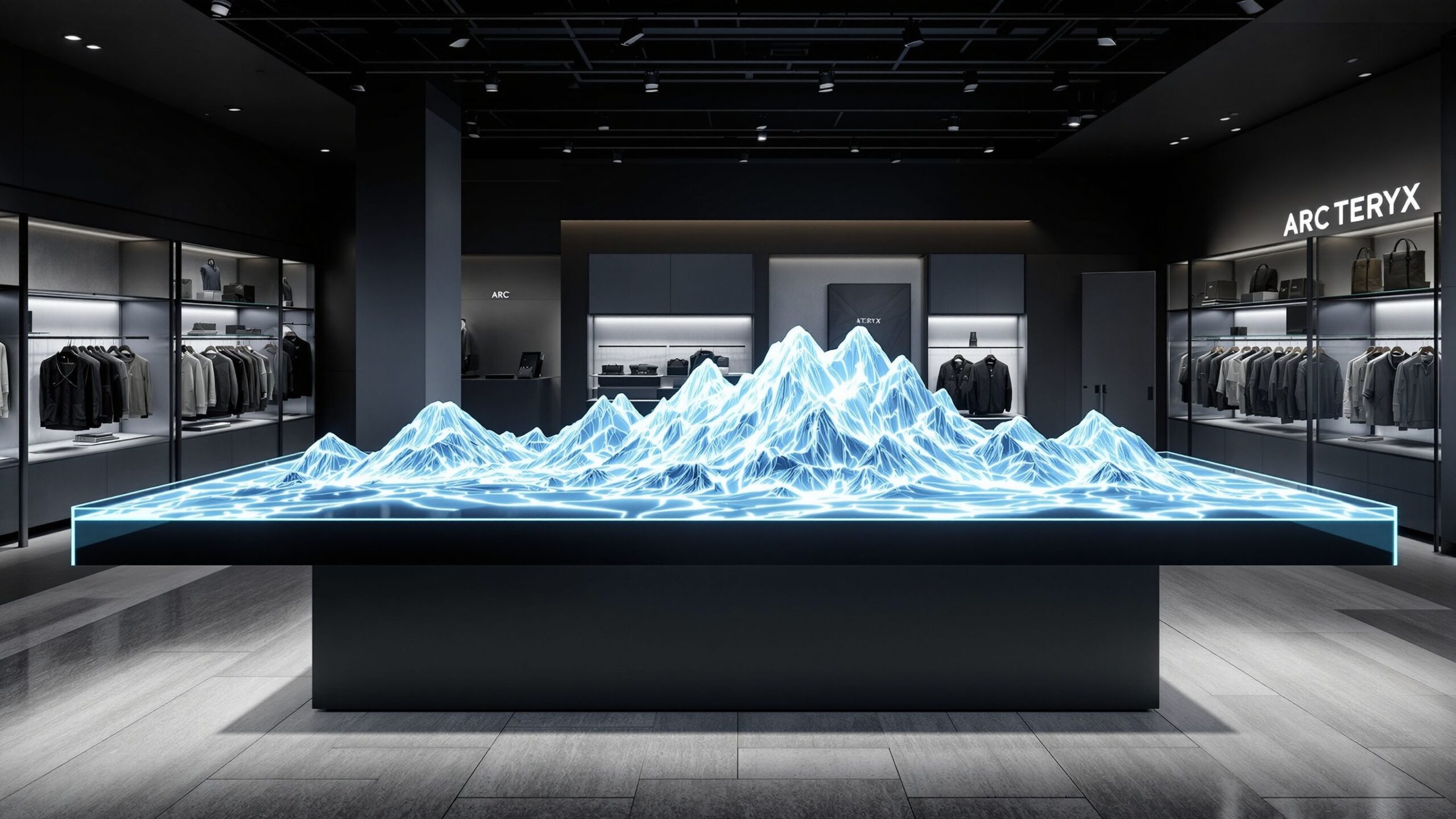 Arcteryx 3D mountain topo under glass checkout counter-4