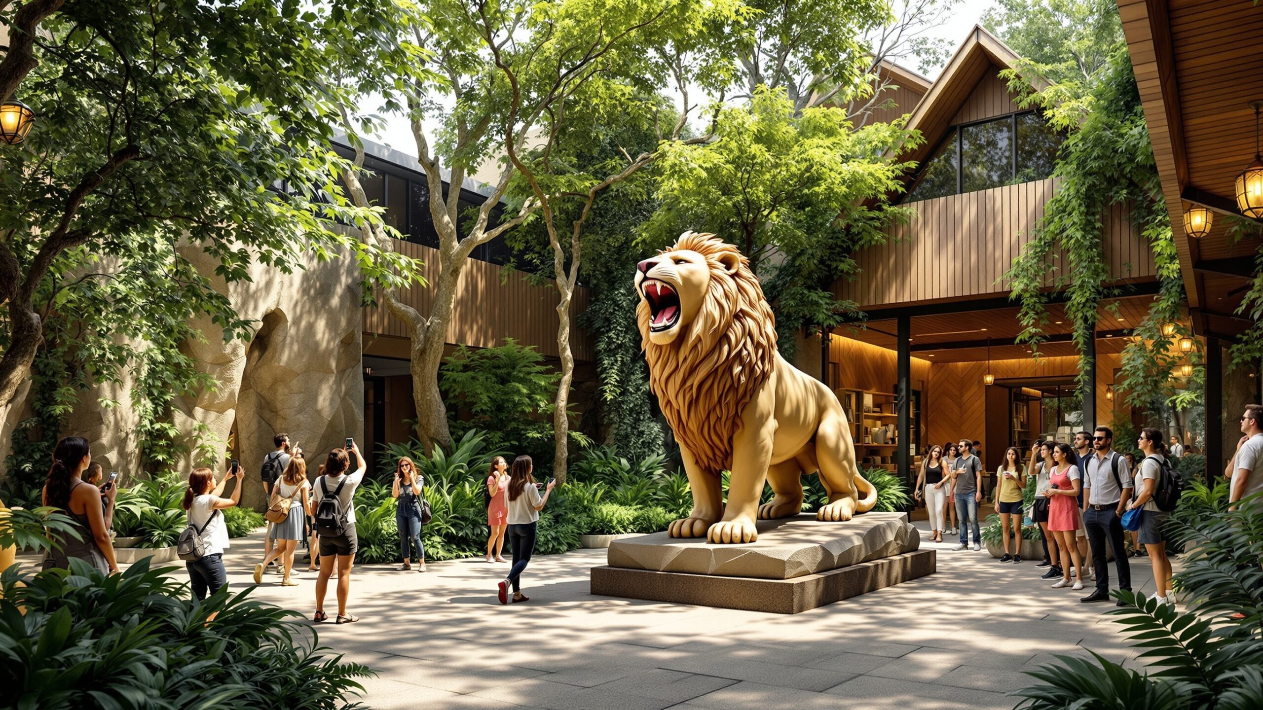 Concept of a giant lion statue near a park lodge