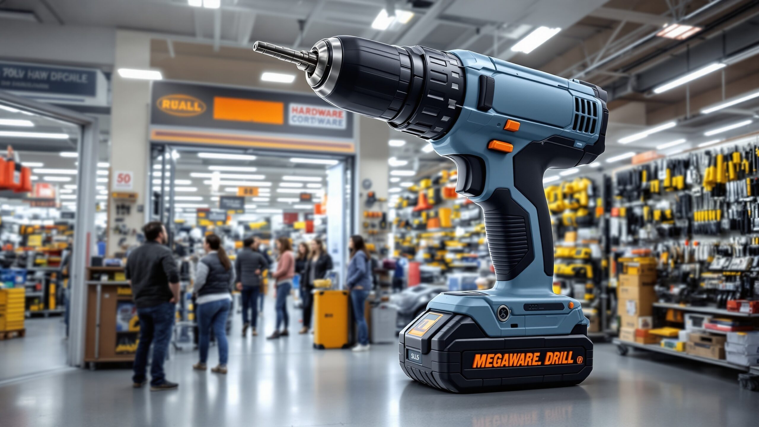 Concept for a giant cordless drill in a hardware-store display