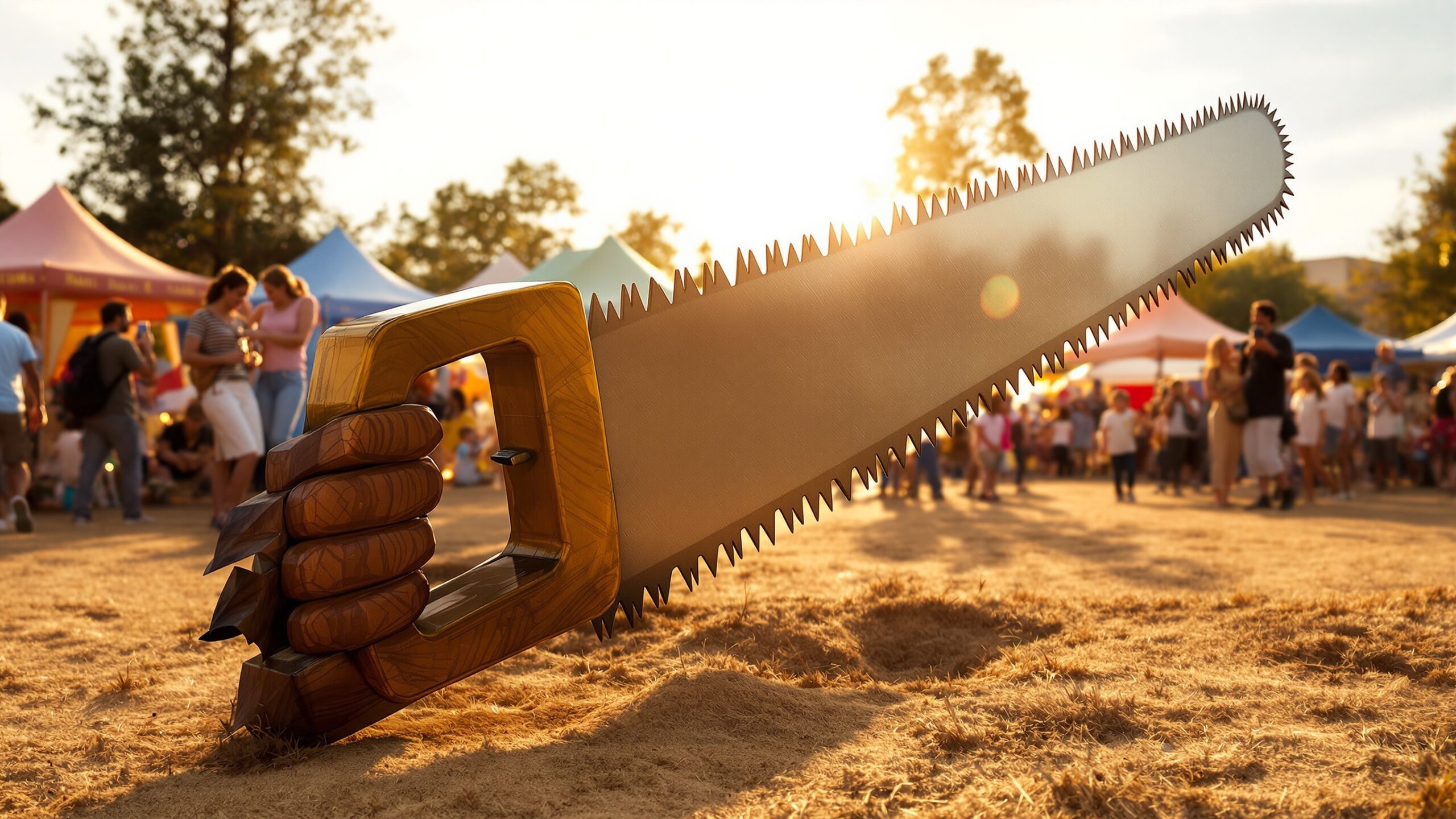 Concept of a giant hand saw at an outdoor festival