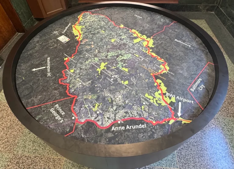 Nearly 5-foot-wide 3D map of Howard County, Maryland, created for the Welcome Center in Ellicott City, showing local terrain and landmarks in detail.