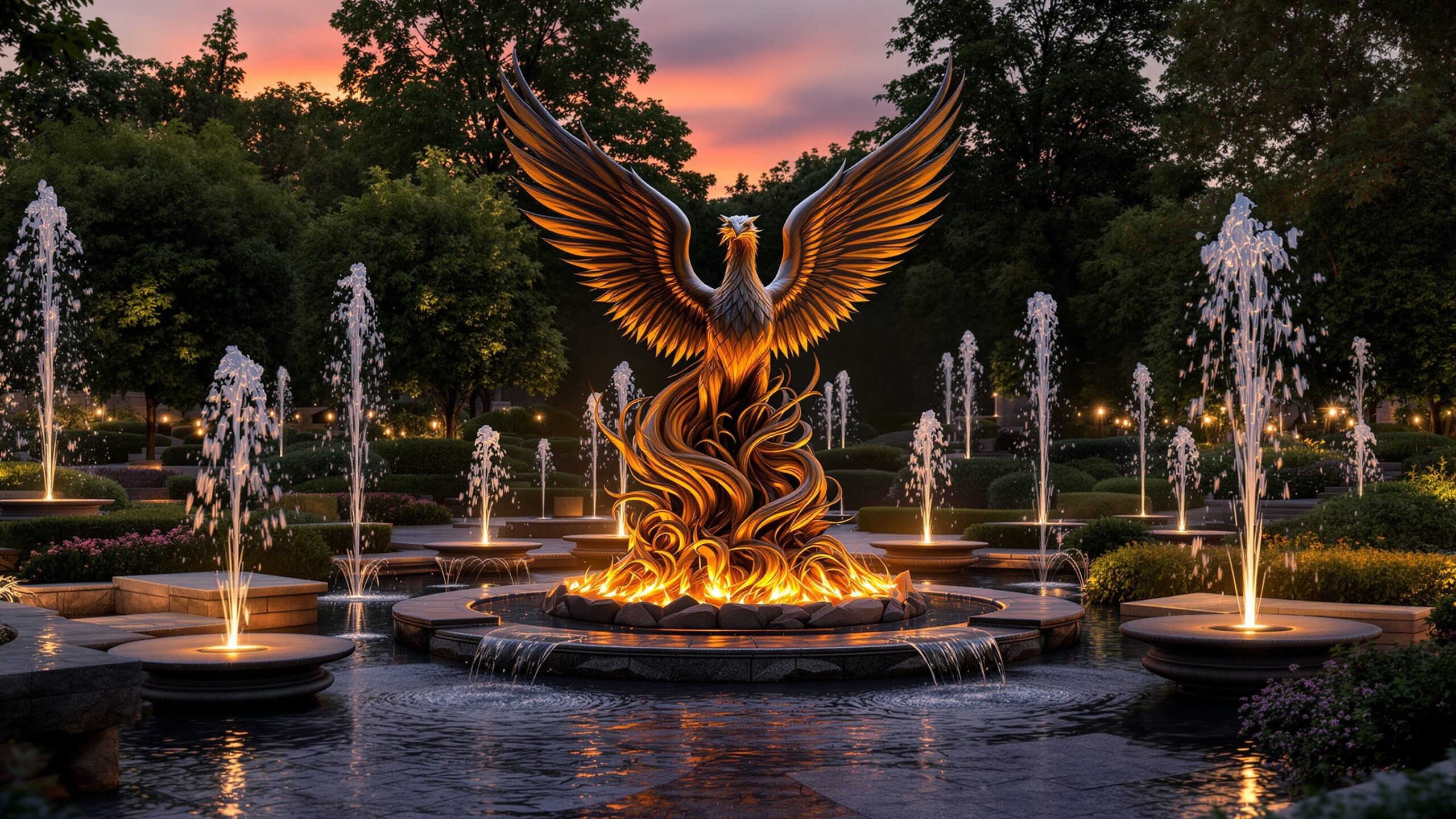 Concept illustration of a giant phoenix statue with raised wings